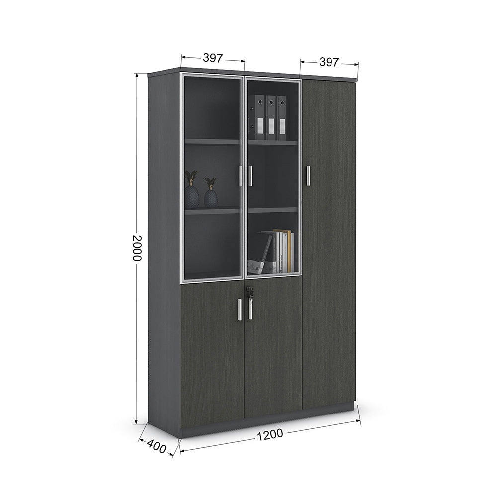 MATEES 3-Door Glass Display Cabinet 120CM (47 Inches) - Modern Grey/Brown Wooden Bookshelf for Living Room, Bedroom & Office Storage