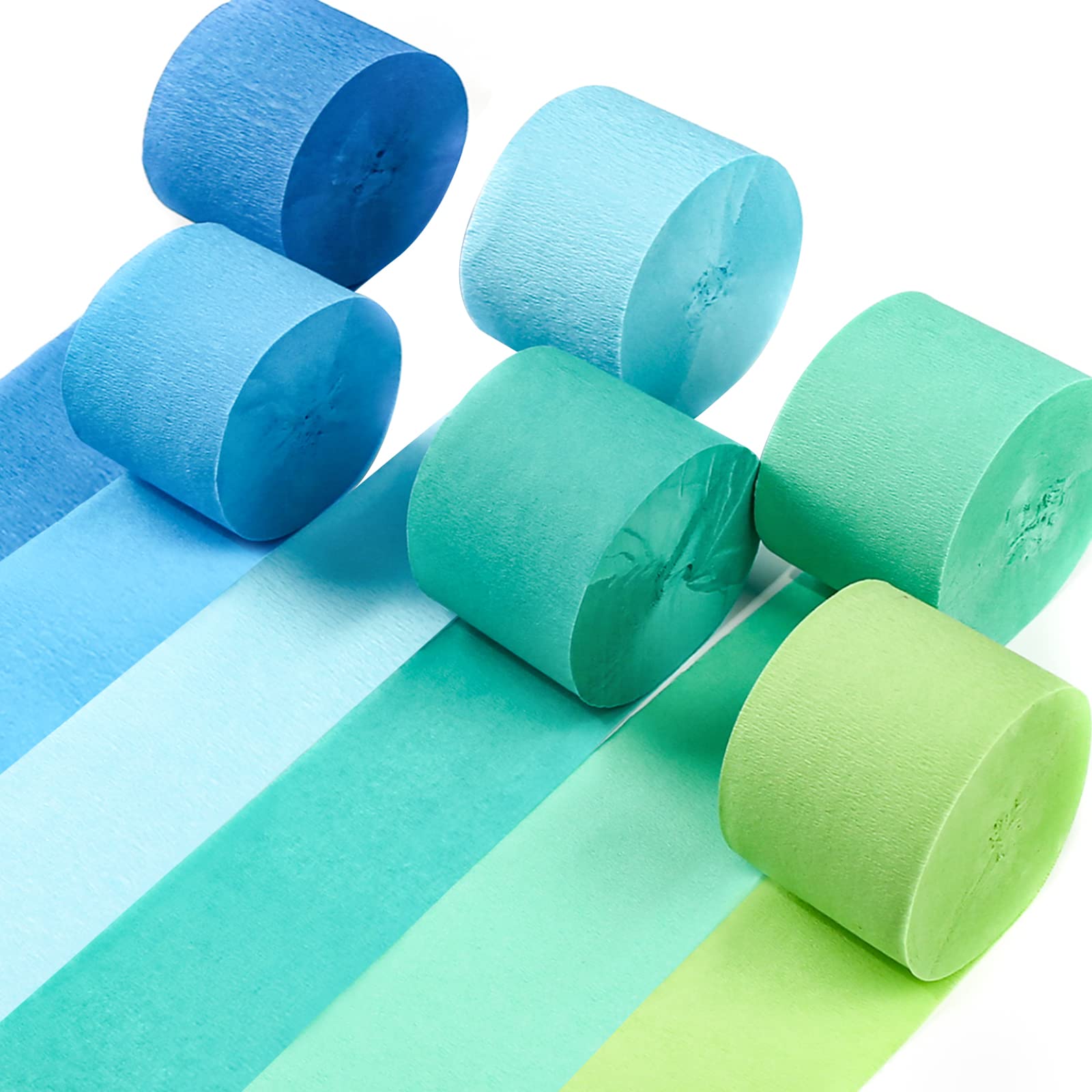 PartyWoo Crepe Paper Streamers - 6 Rolls (492ft) in Blue, Pastel Blue, Green & Lime - 1.8