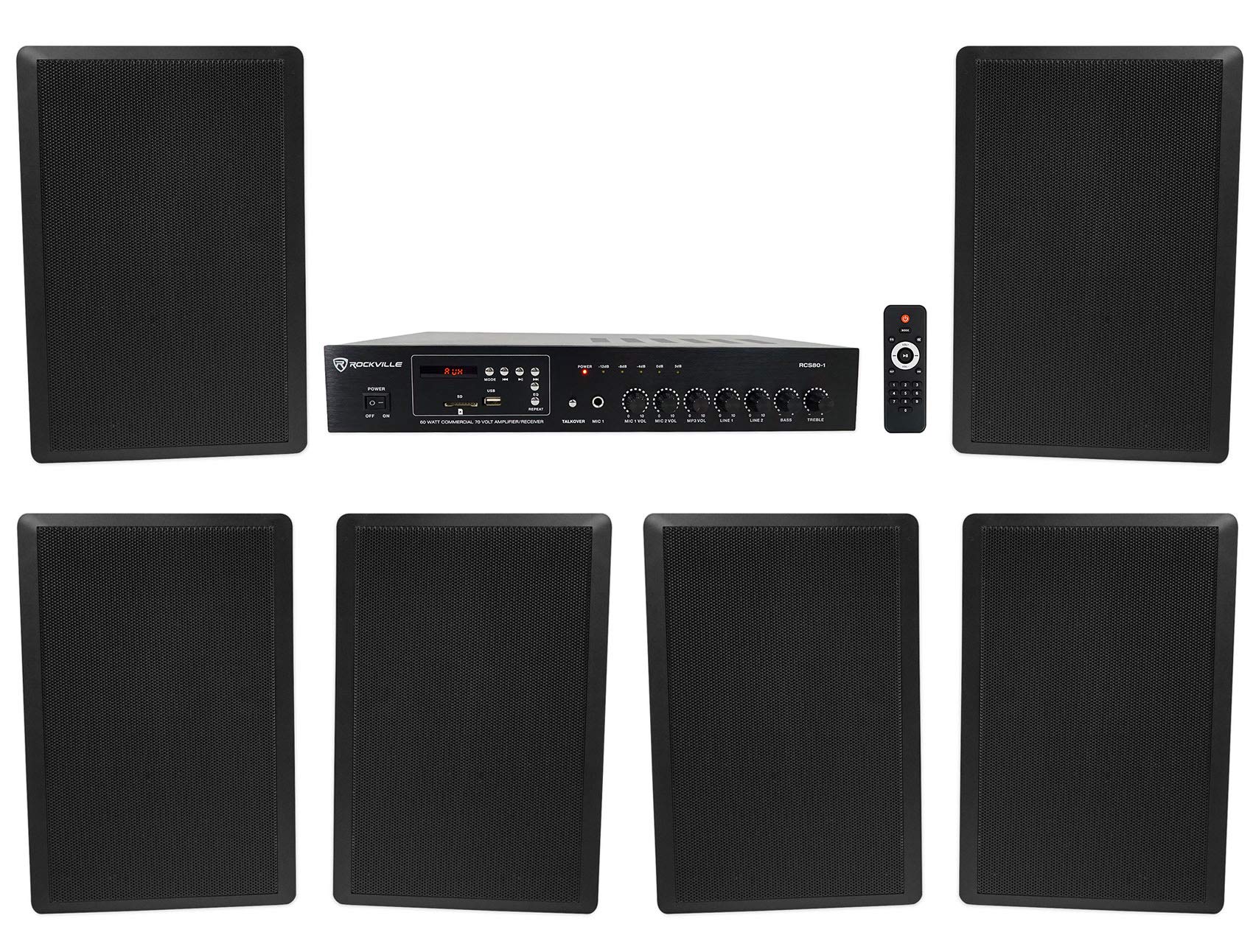 Rockville Commercial Amplifier with 6 Slim Black Wall Speakers - High Power Audio System for Restaurants, Bars, Cafes & Retail Stores - Perfect for Background Music & PA Announcements