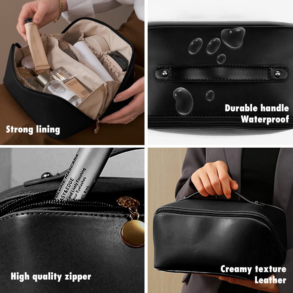 Premium Leather Cosmetic Travel Bag for Women - Waterproof Makeup Organizer with Wide Opening, Portable Toiletry Bag (Multicolor) - Perfect for Travel, Gym & Daily Use
