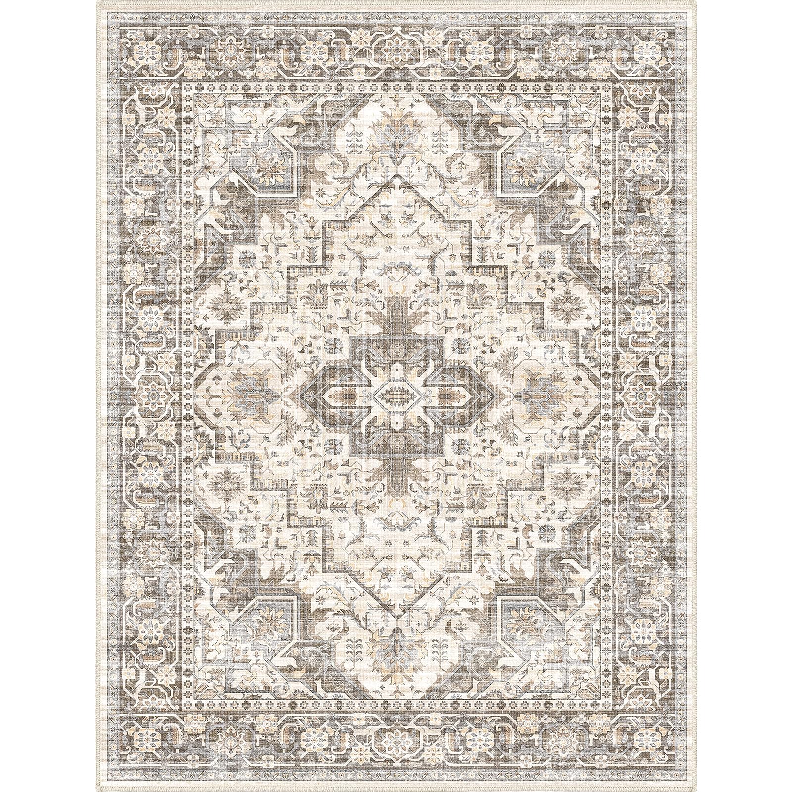 Vintage Washable Area Rug 8x10 - Distressed Oriental Retro Printed Carpet for Living Room, Bedroom, Home Decor - Non-Slip Thin Floor Mat - Brown Beige Indoor Rug - Perfect for Boho, Farmhouse & Modern Decor Styles