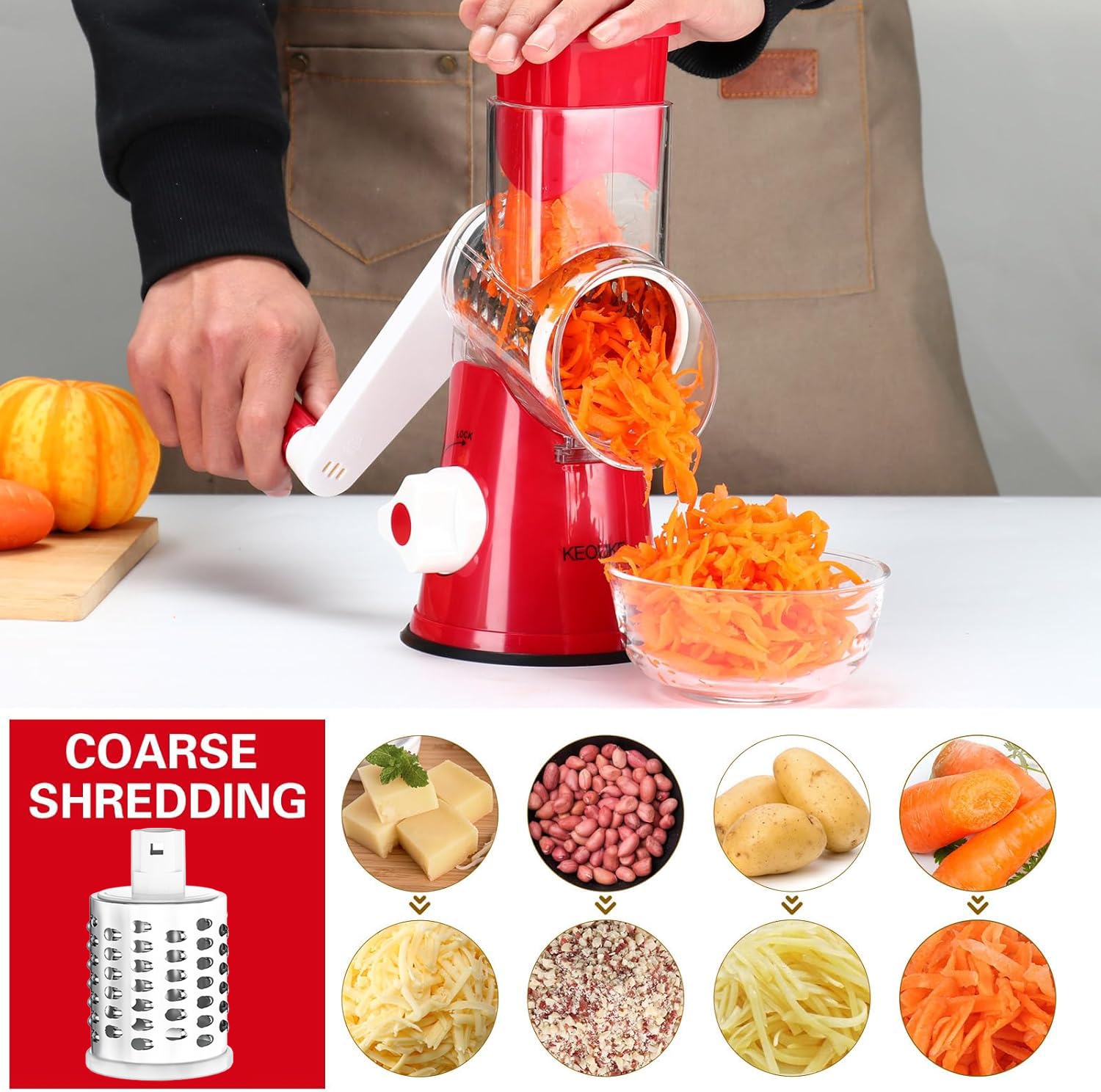 Premium Rotary Cheese Grater - Hand Crank Shredder for Cheese, Vegetables & Nuts | Non-Slip Suction Base | Includes 3 Blades & Free Cleaning Brush (Red) | Perfect for Kitchen, Pizza, Pasta & Salad Prep