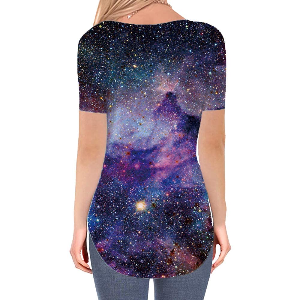 KYKU Women's Galaxy Print V-Neck T-Shirt with Side Slit & Curved Hem - Space Themed Casual Top for Everyday Wear, Street Style & Cosplay