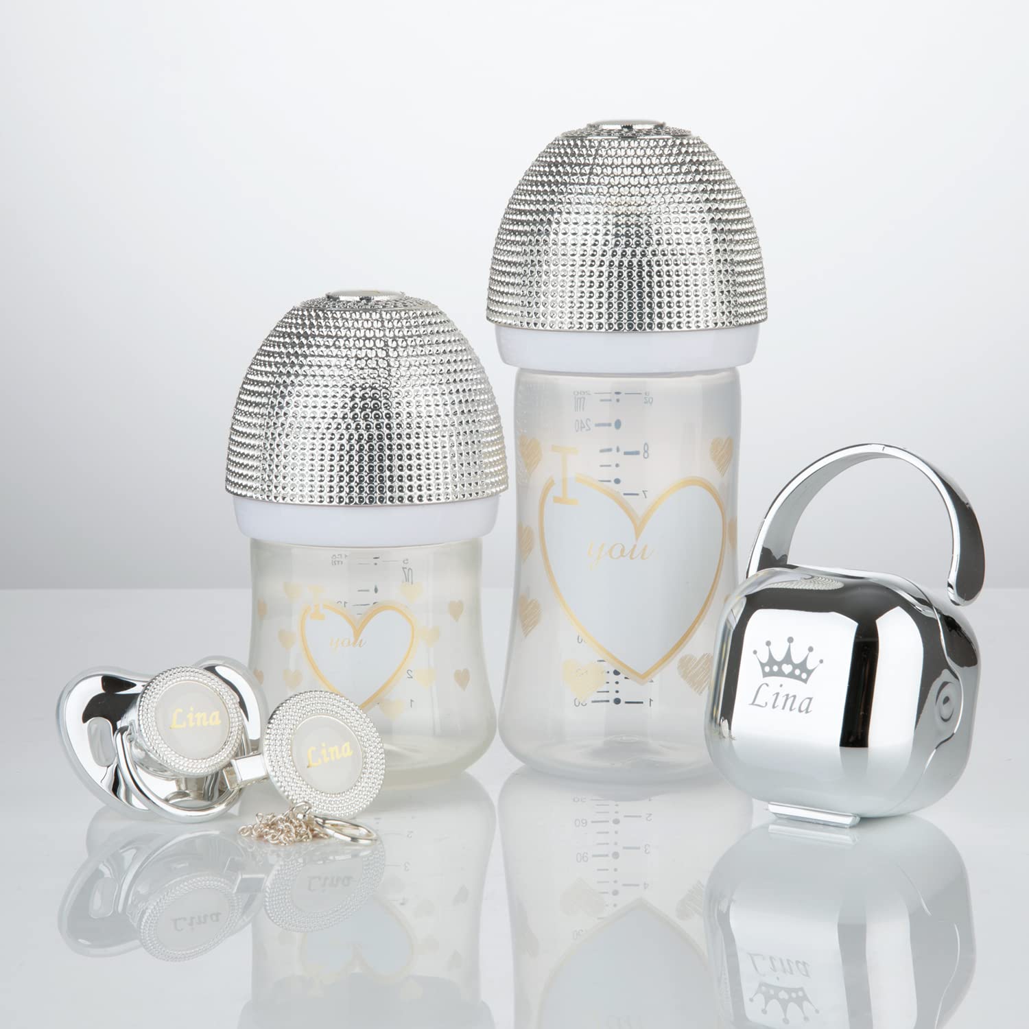 Custom Bling Baby Pacifier & Bottle Set - Personalized Name for Boys & Girls (0-6 Months, 6-18 Months) | Luxury 4-Piece Baby Shower Gift, Glittering Anniversary Edition | Perfect for Newborn Essentials, Christening Gifts & First Birthday Presents