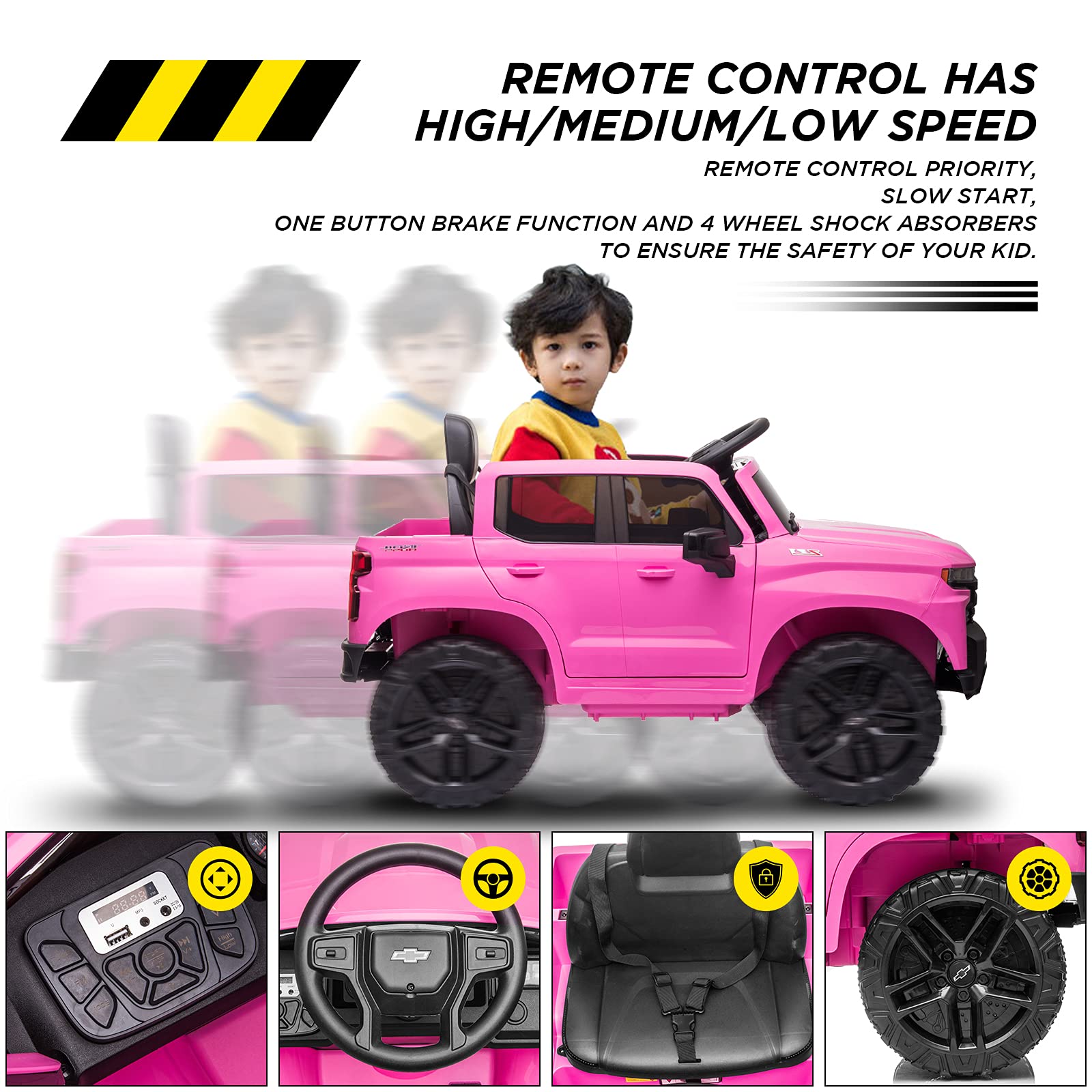 12V Battery Powered Kids Ride On Car - Licensed Chevrolet Silverado GMC Electric Toy Truck with Remote Control, MP3/Bluetooth, Spring Suspension & LED Lights (Pink) - Perfect for Toddlers Outdoor Play & Birthday Gifts