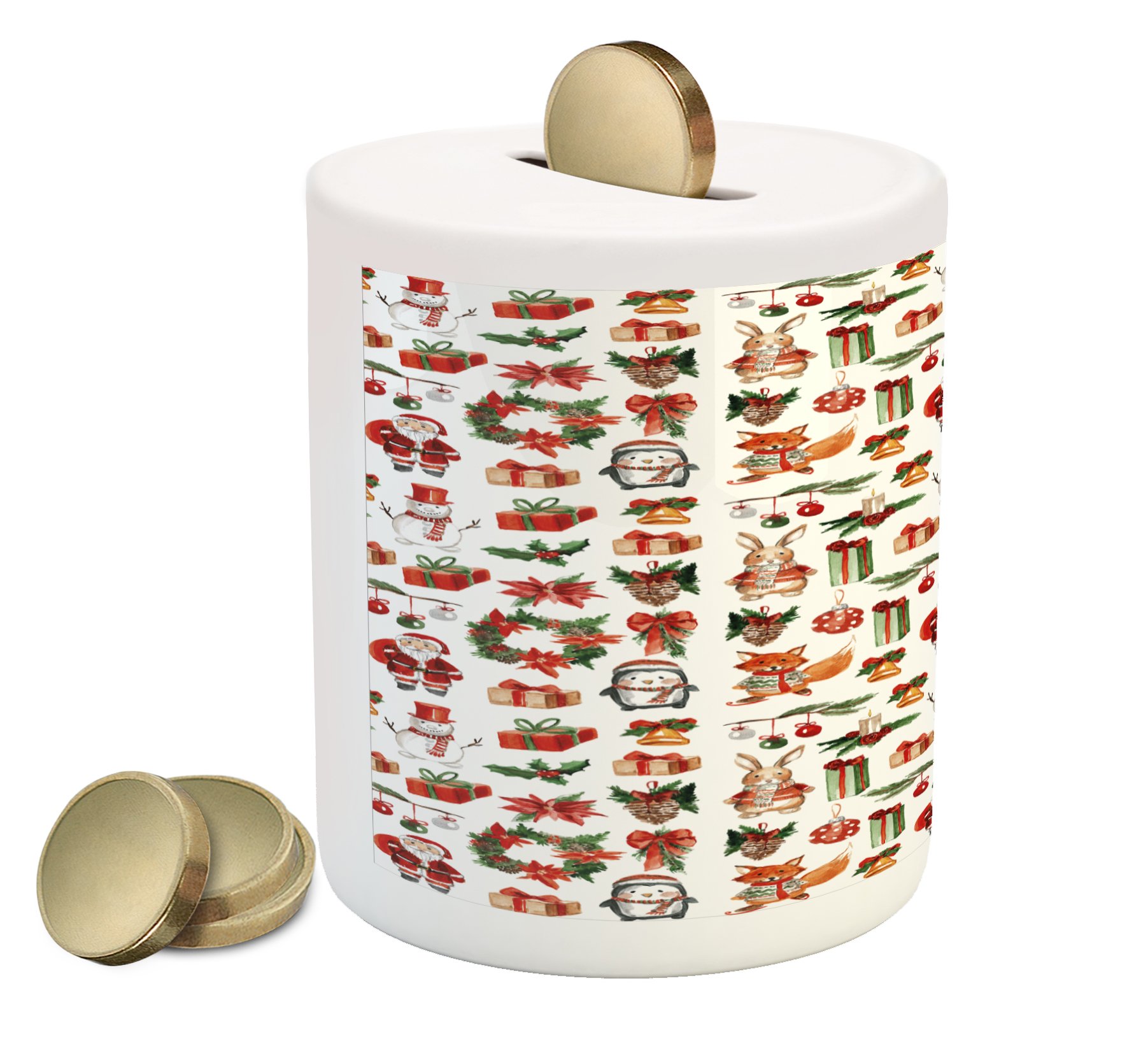 Ambesonne Christmas Piggy Bank - Ceramic Money Box with Santa Claus, Rabbits, Pine Cones & Candles Design for Cash Savings | Holiday Gift, Home Decor, Kids Savings (Red/Green/Orange)