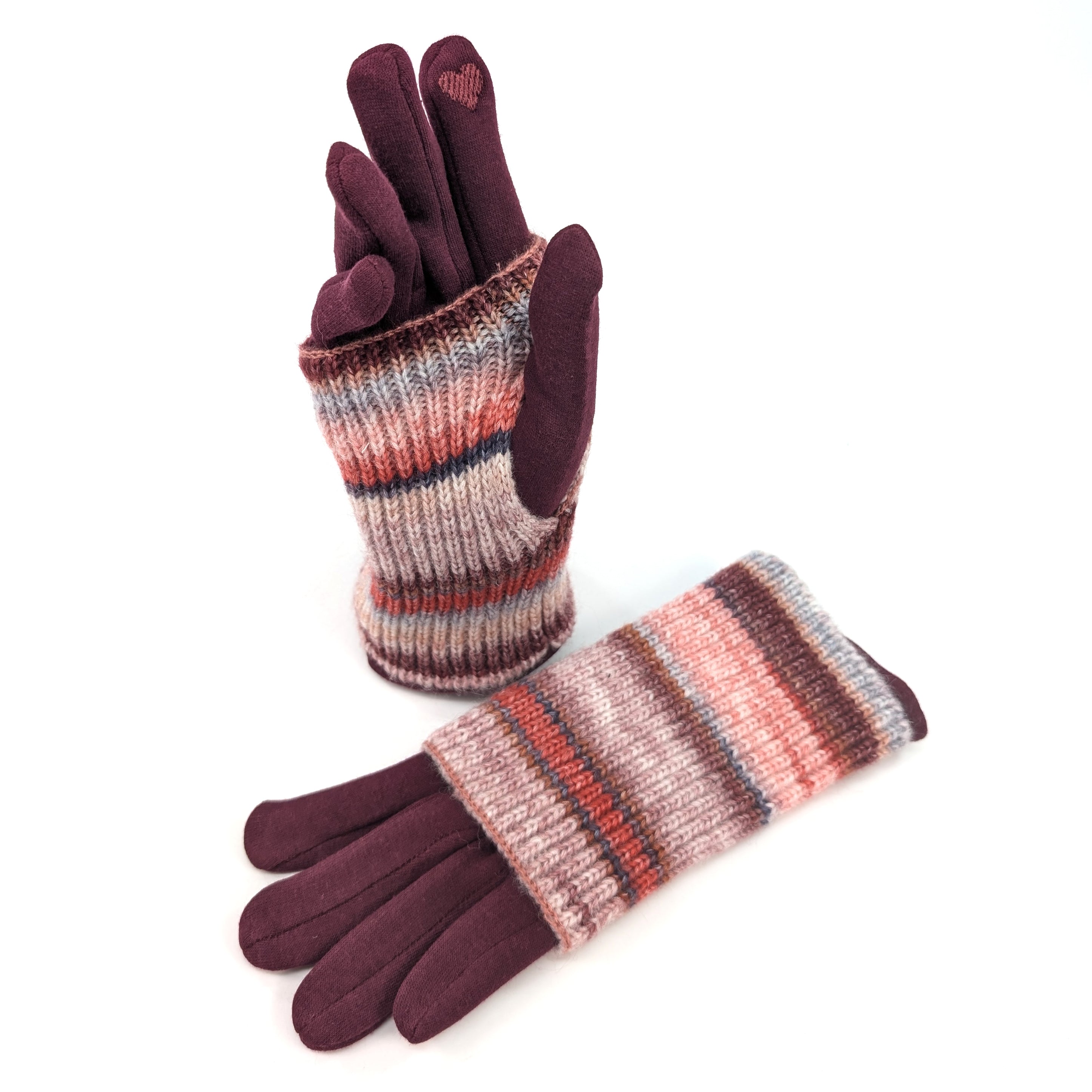 Multi Striped Two in One Gloves - Sangria Red | Warm Winter Gloves for Women & Men | Perfect for Skiing, Snowboarding & Outdoor Activities