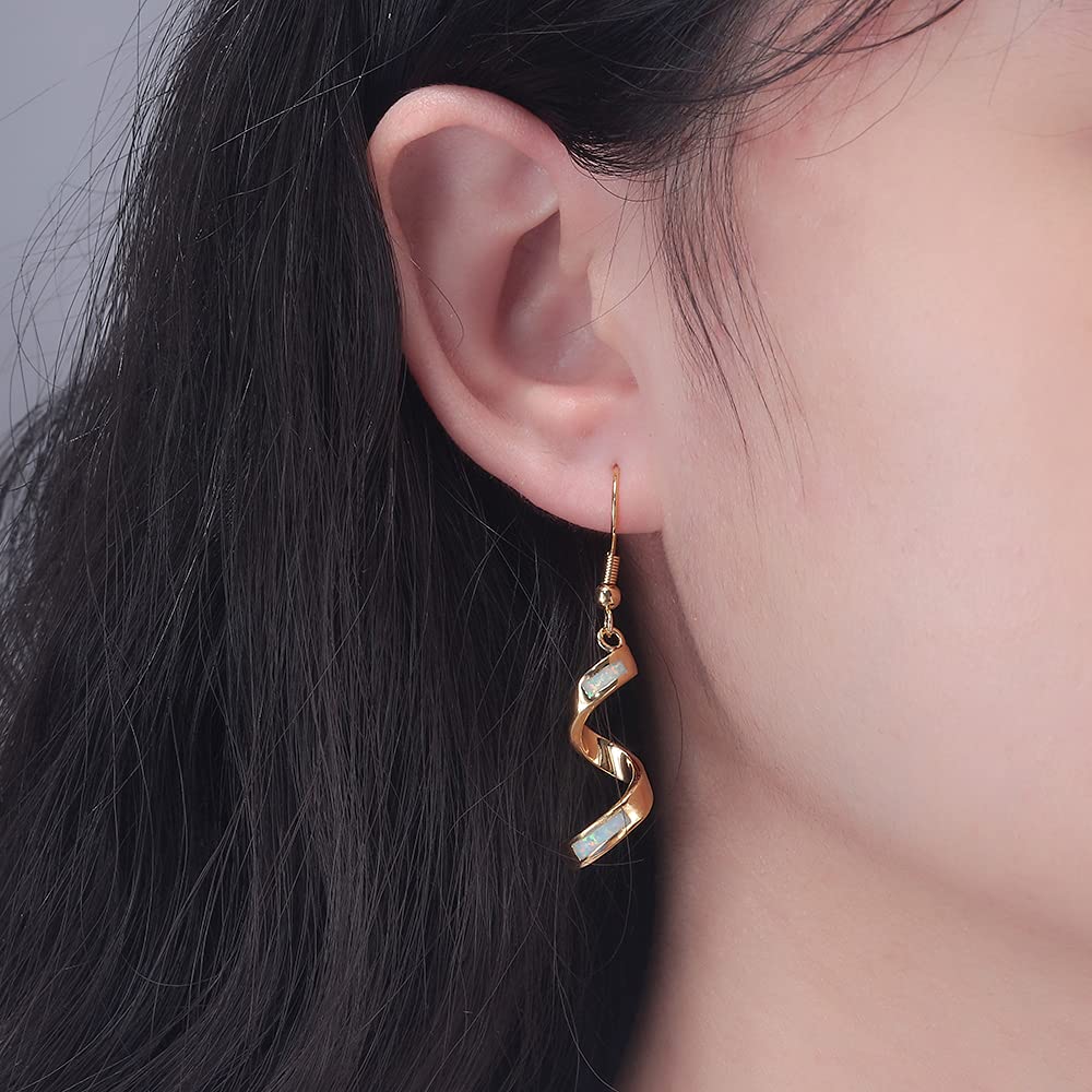 CiNily Sterling Silver Plated Opal Dangle Drop Earrings for Women | Elegant Spiral Ribbon Hook Earrings with Birthstone | Perfect for Parties, Weddings & Everyday Wear