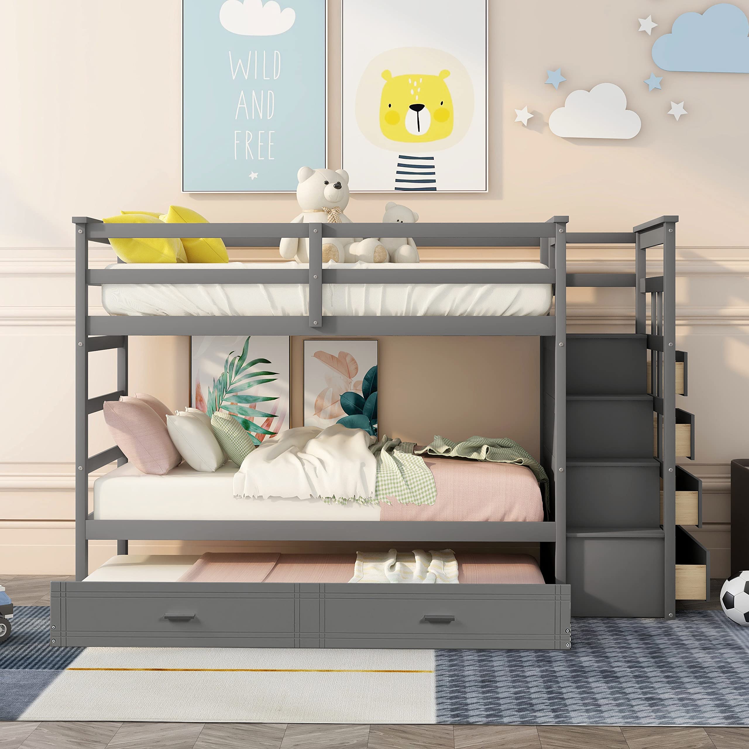 Twin Over Twin Trundle Bunk Bed with Staircase & Storage Drawers - Space-Saving Kids Bedroom Furniture for Small Rooms, Sleepovers & Guest Rooms (Gray)