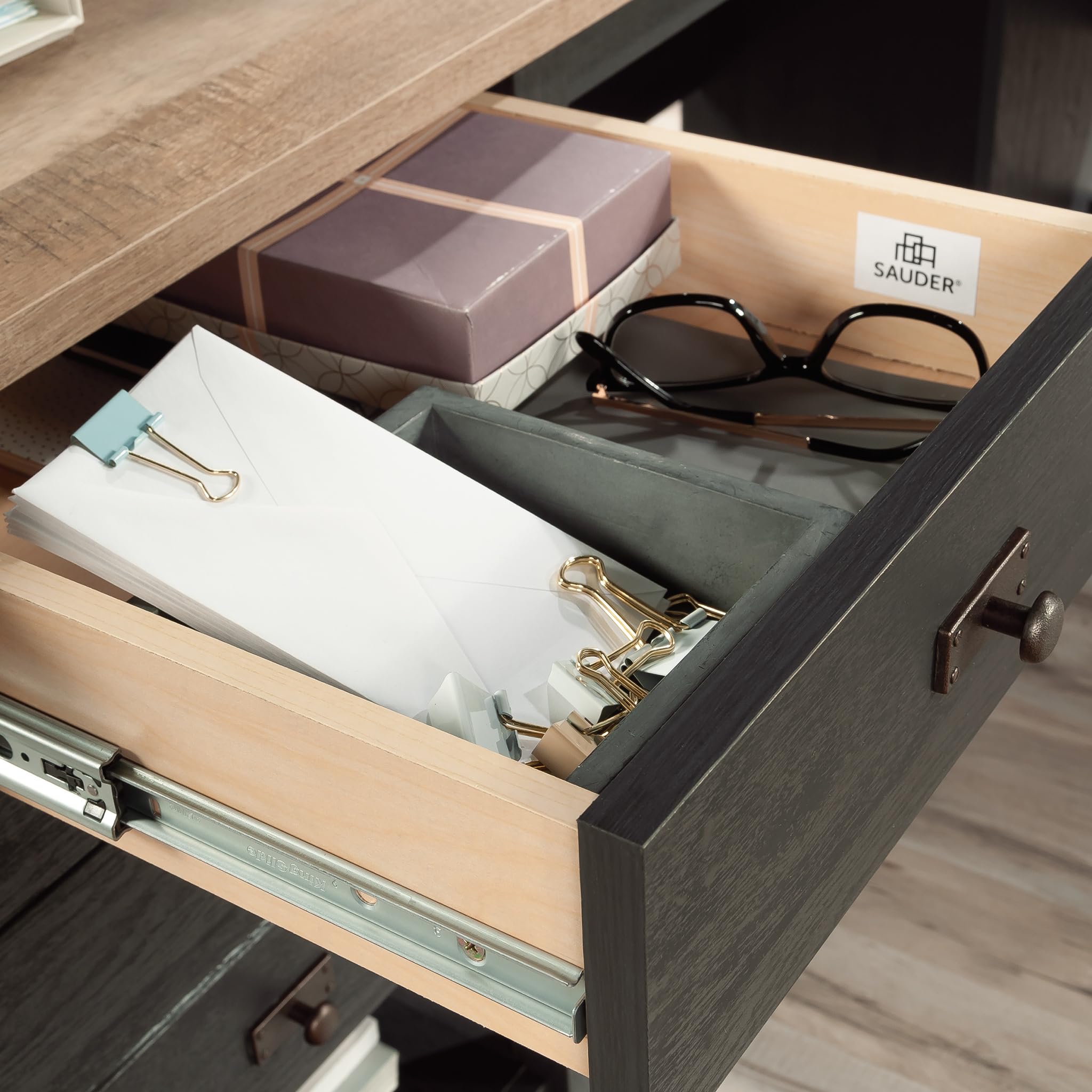 Sauder Cottage Road L-Shaped Computer Desk with Drawers & File Cabinet - Home Office Desk with Cable Management in Raven Oak Finish - Perfect for Small Spaces & Work from Home Setup