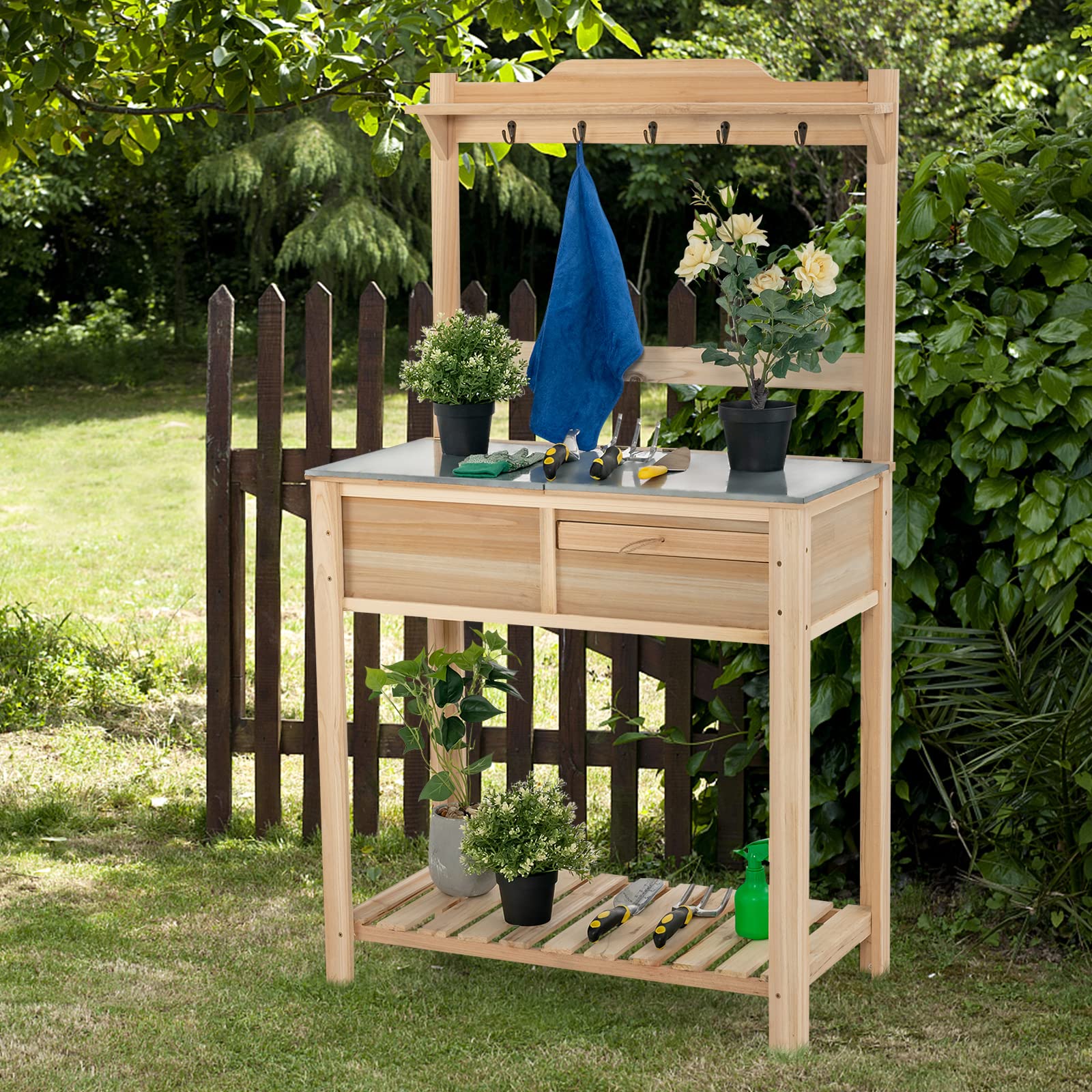 **Giantex Outdoor Potting Bench - Wooden Planting Table with Galvanized Metal Tabletop, Storage & Hangers for Gardening, Patio & Backyard Use**    *(Ideal for potting plants, organizing tools, and creating a functional gardening workspace at home!)*