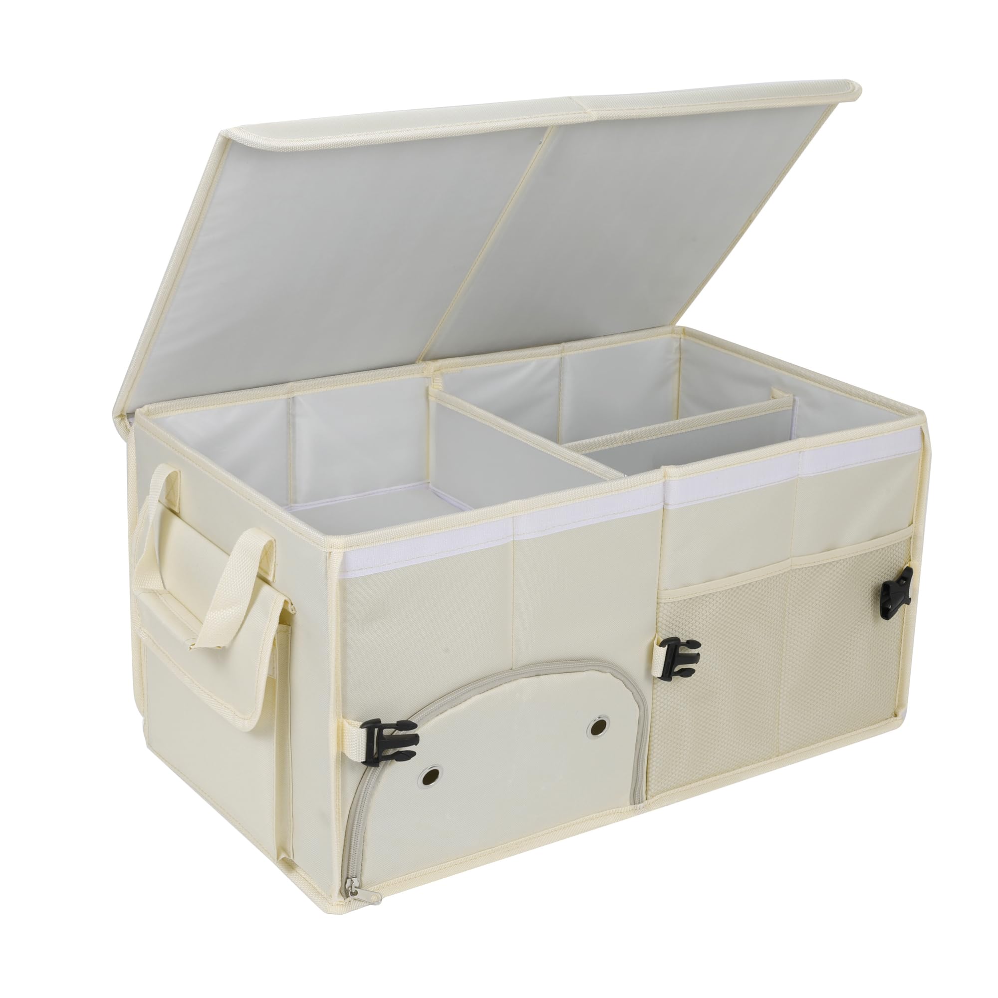 Collapsible Car Trunk Organizer with Lid & Shoe Bag - Multi-Compartment SUV Storage Organizer for Travel, Camping & Road Trips (Beige)