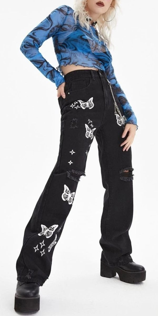 Women's High Waisted Ripped Wide Leg Jeans - Butterfly Print Distressed Boyfriend Denim Pants | Y2K Fashion Trendy Baggy Trousers for Casual Wear, Street Style & Retro Outfits