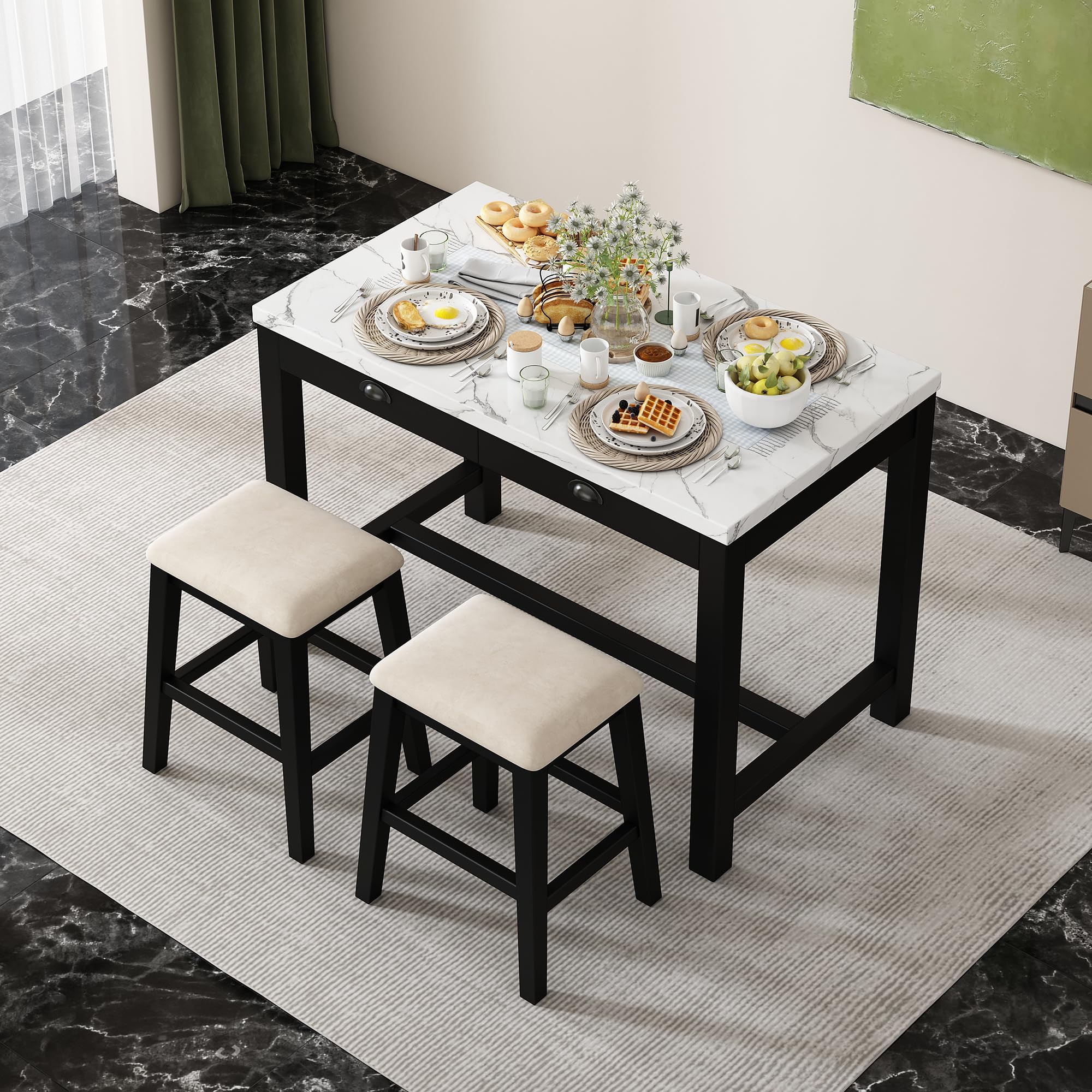 P PURLOVE 5-Piece Dining Table Set with Storage Drawers, Faux Marble Kitchen Island & 4 Padded Stools - Space-Saving Breakfast Nook Set for Small Kitchens, Apartments & Dining Areas