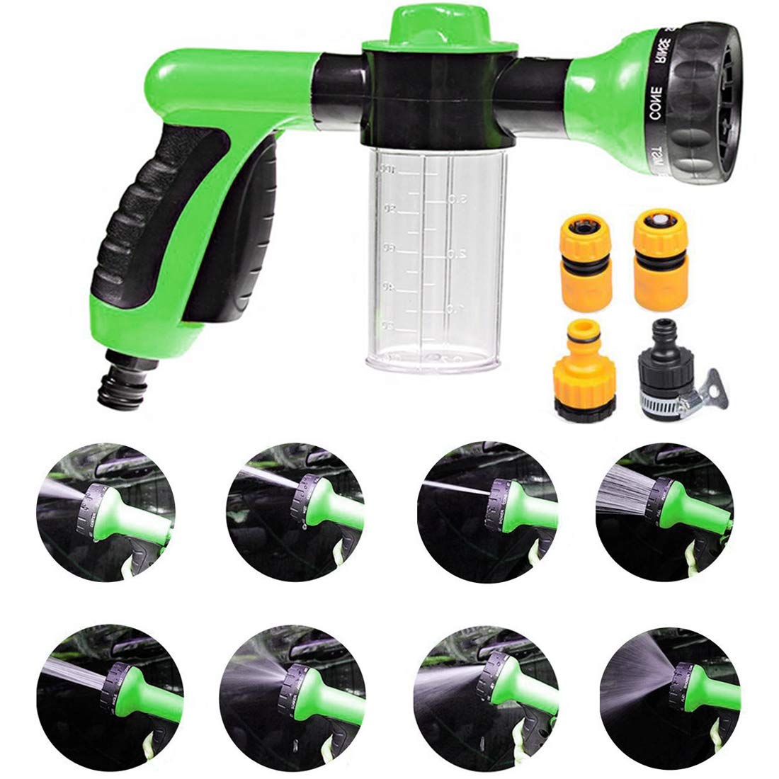 Heavy Duty Garden Hose Nozzle Sprayer - 8 Adjustable Water Spray Patterns, High Pressure Flow Control with Comfort Rubber Grip - Perfect for Lawn Watering, Car Washing, Pet Bathing & Outdoor Cleaning (Green)