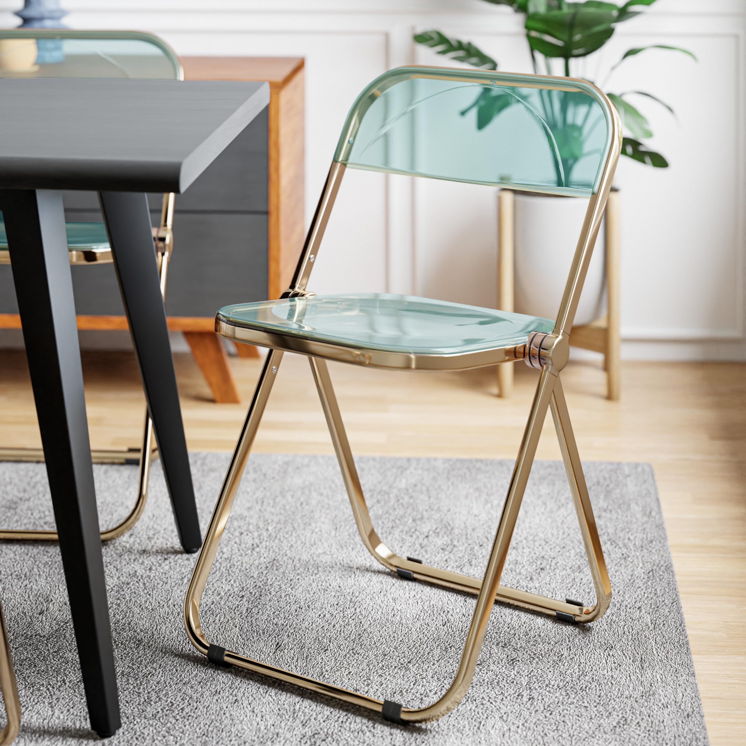 LeisureMod Lawrence Modern Transparent Acrylic Folding Chairs with Gold Metal Frame - Set of 4 Jade Green Patio Chairs for Indoor Outdoor Dining, Poolside, Garden, and Events
