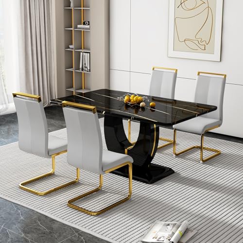 Black Table With 4 Light Grey Golden Chairs