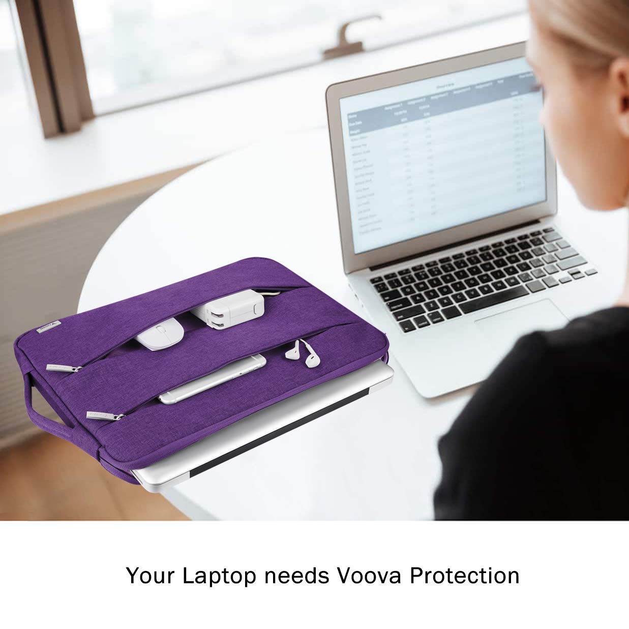 Voova 13.6 Inch Waterproof Laptop Sleeve Case - Compatible with MacBook Air, MacBook Pro, Surface Laptop, Surface Pro & iPad Pro - Protective Computer Bag for Work, School & Travel (Purple)