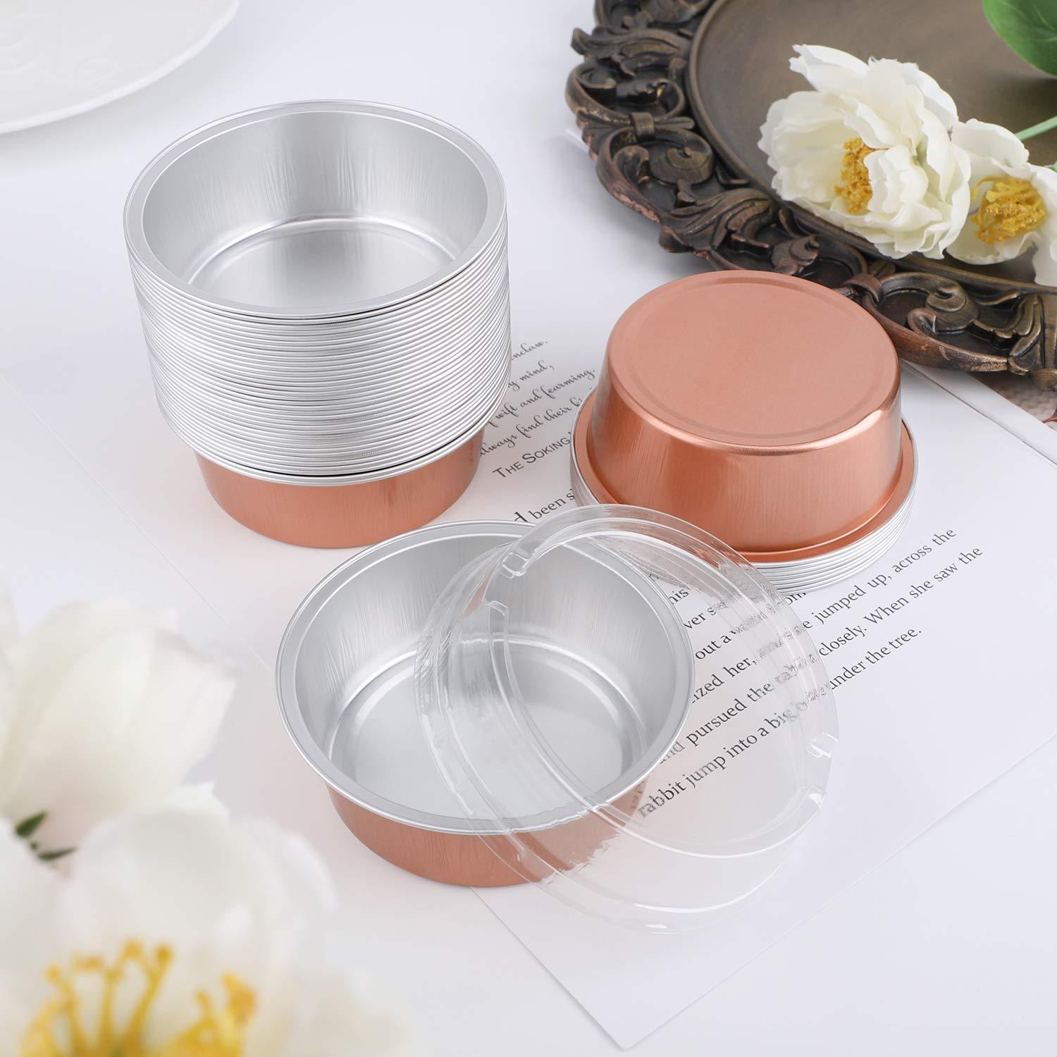 Eusoar 50-Pack 5oz (150ml) Rose Gold Foil Cupcake Cups with Lids - Perfect for Baking Desserts, Flan, Cheesecake & Custard - Ideal for Parties, Catering, Baby Showers & Wedding Favors