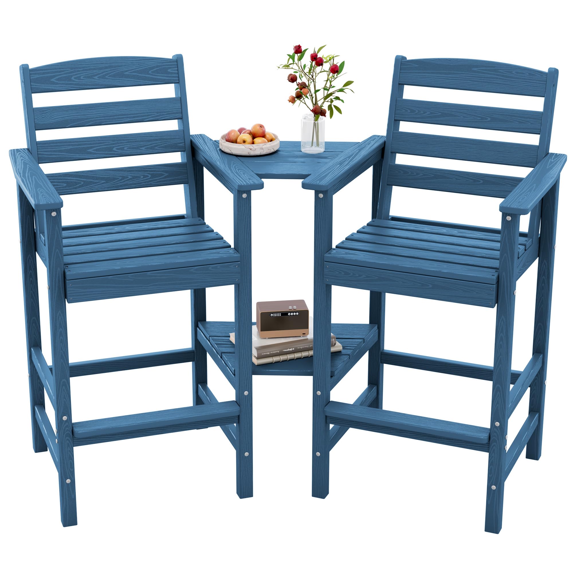 SERWALL 2-Piece Blue Tall Adirondack Chair Set with Connecting Table - Outdoor Patio Furniture for Garden, Poolside, and Backyard Relaxation