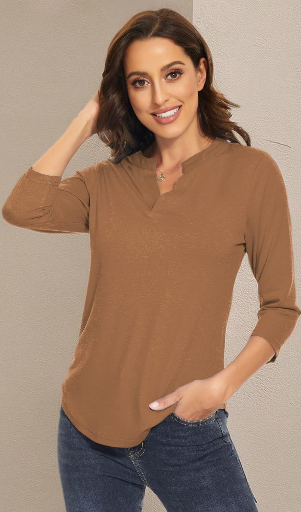 Women's 3/4 Sleeve V-Neck Collared Blouse - Professional Work Shirt Tops for Office, Business Casual & Everyday Wear