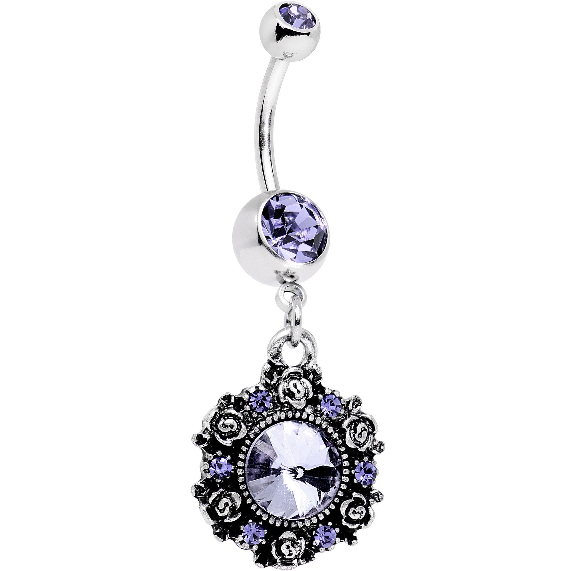 Body Candy Purple Accent Rose Ringed Dangle Belly Button Ring - Elegant Navel Jewelry for Garden Parties, Beach Vacations & Night Out