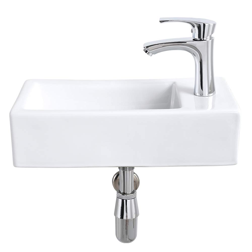 Bokaiya 18 Inch White Porcelain Corner Bathroom Sink with Faucet & Drain - Wall Mount Small Rectangle Ceramic Vanity Sink (Right Hand) - Perfect for Small Bathrooms, Powder Rooms & Space-Saving Designs