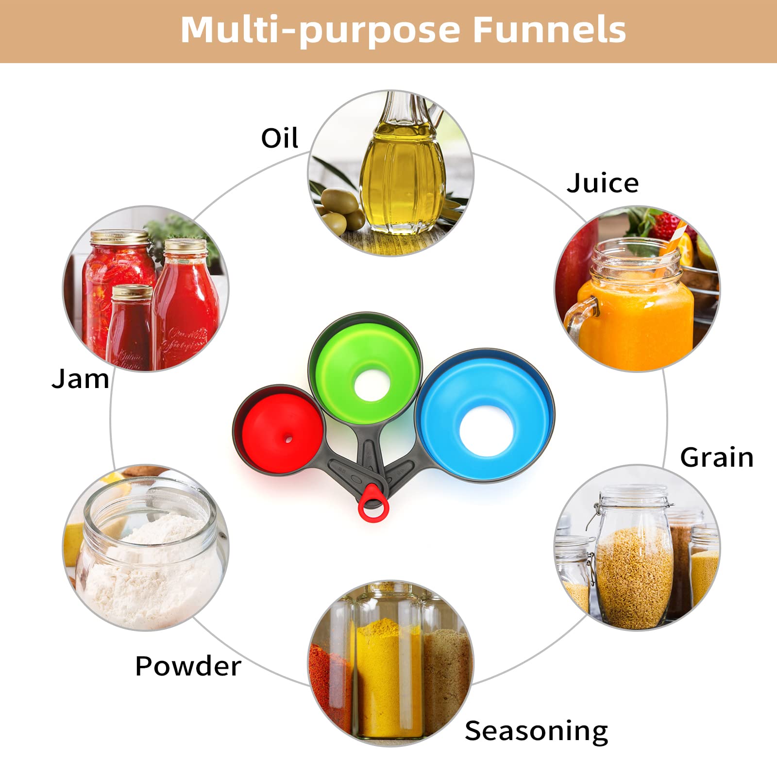 Dokpod 3-Piece Collapsible Kitchen Funnel Set - Wide Mouth Canning Funnel for Bottles, Small/Medium/Large Funnels for Solids, Powder & Liquids - Perfect for Home Canning, Baking & DIY Projects
