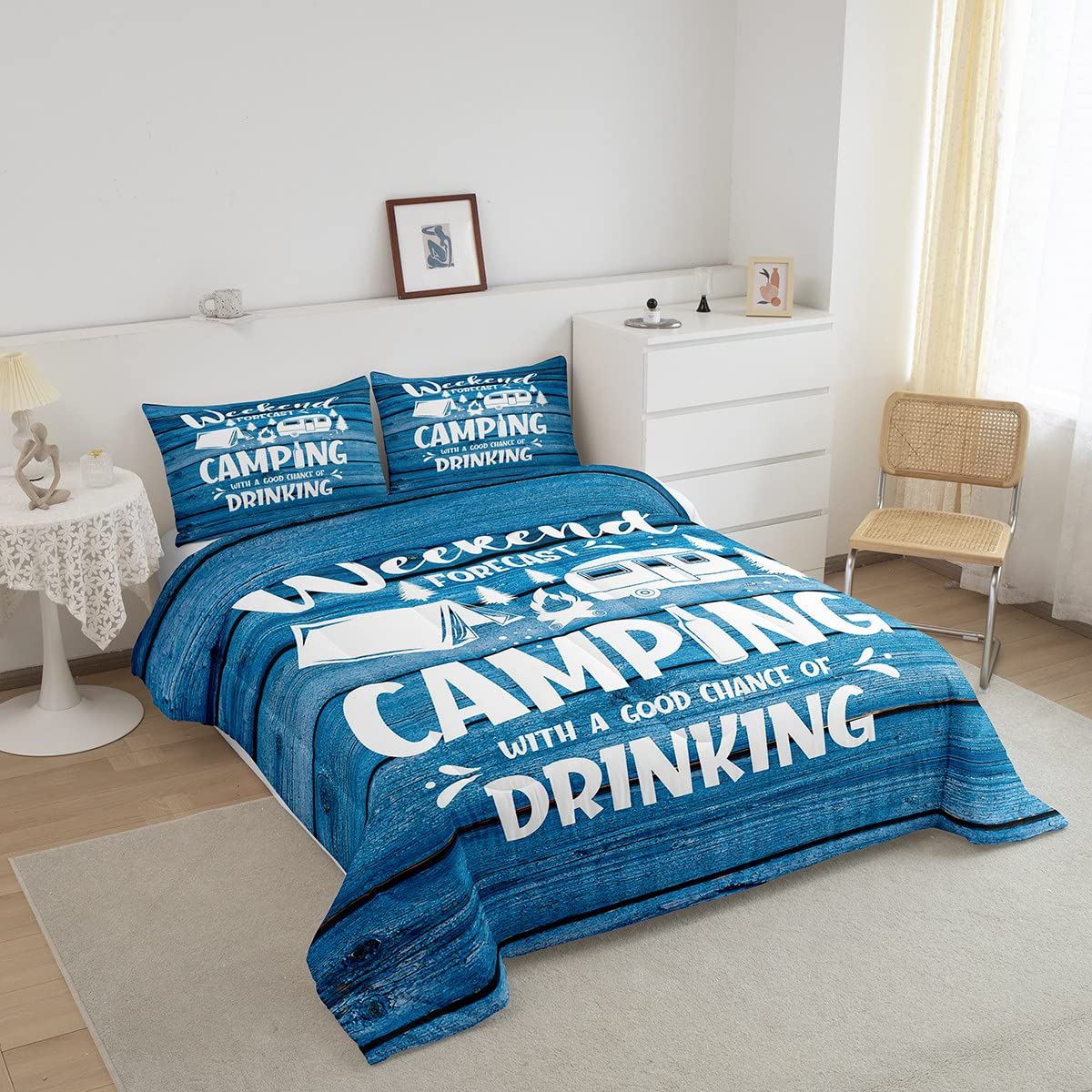 Happy Camping Camper Comforter Set Twin - Blue Adventure Themed Bedding for Kids, Teens & Adults | Rustic Wooden Door Design 2-Piece Quilt Set with Pillowcase | Perfect for Summer Camping, Dorm Rooms & Cozy Cabin Decor