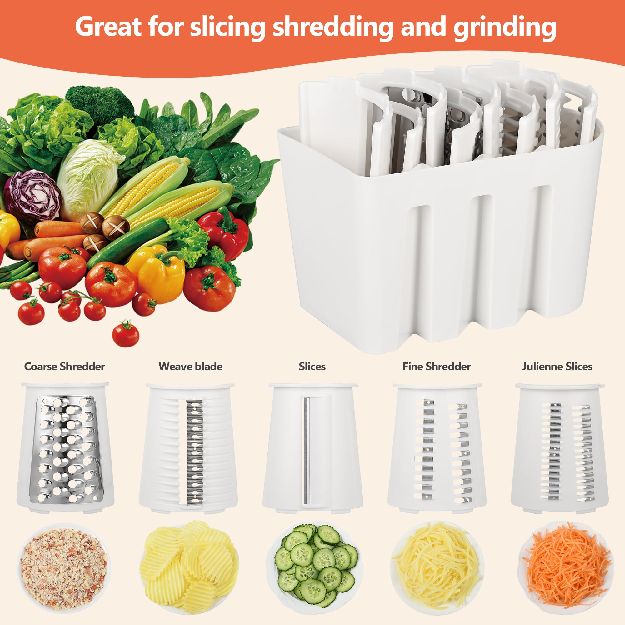 5-Blade Hand Crank Cheese Grater & Vegetable Slicer - White Kitchen Countertop Shredder with Handle, Nut Grinder & Cleaning Brush - Perfect for Pasta, Salads, Baking & Meal Prep
