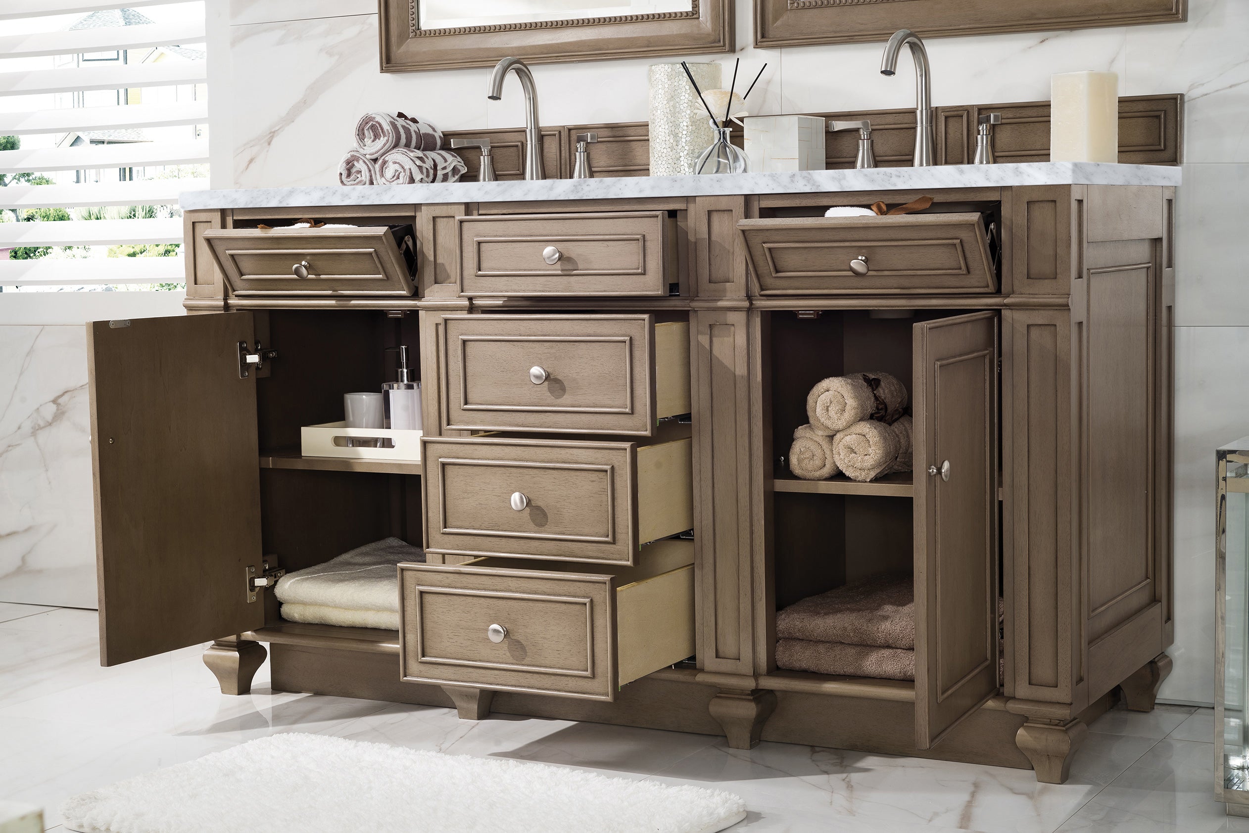Bristol 60-Inch Double Bathroom Vanity in Whitewashed Walnut with 3CM Carrara Marble Top - Perfect for Master Bathroom Renovation and Modern Home Decor