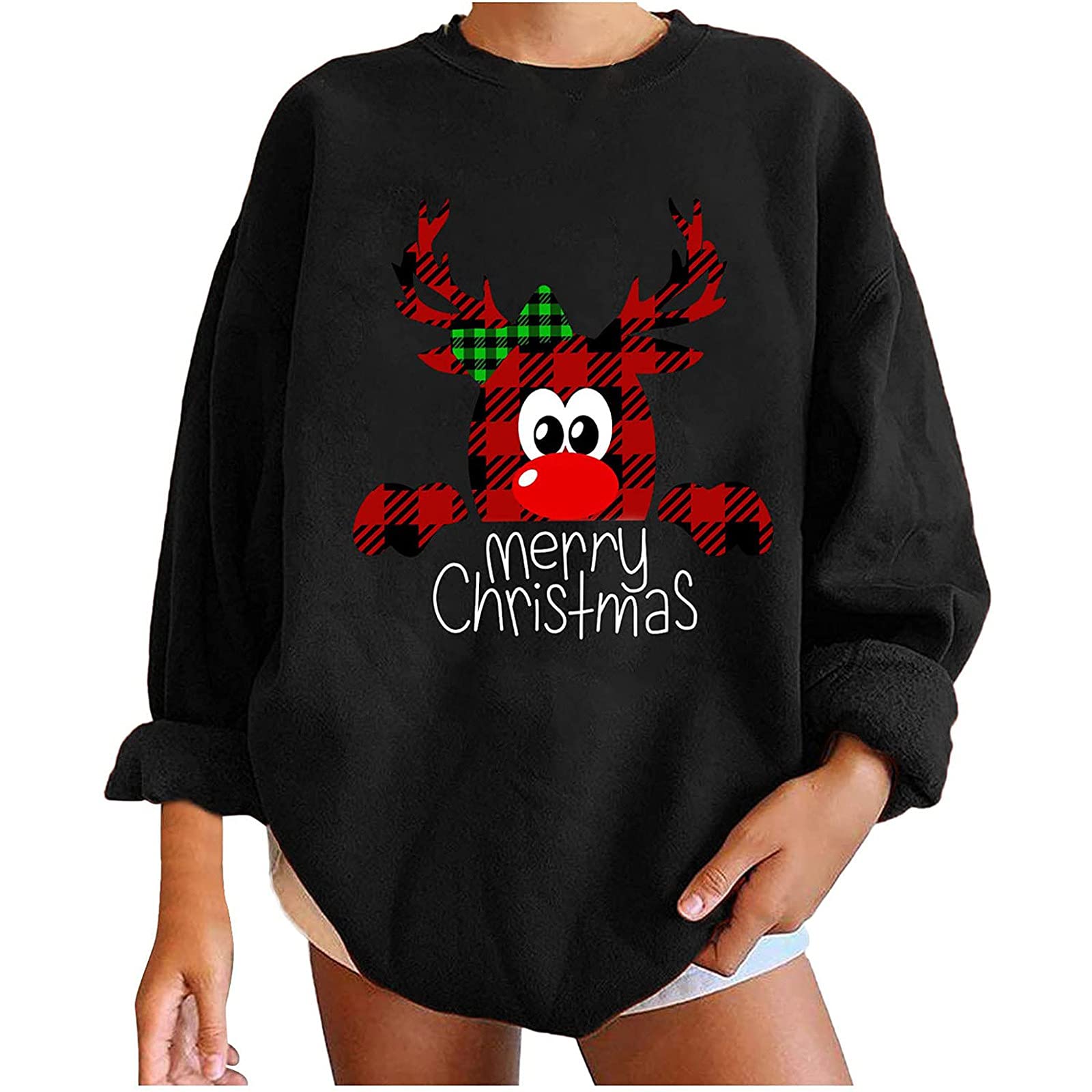 Vintage Elk Christmas Tree Graphic Crewneck Sweatshirt for Women - Soft Long Sleeve Pullover Loose Fit Top | Holiday Party, Winter Outfits, Casual Christmas Gift