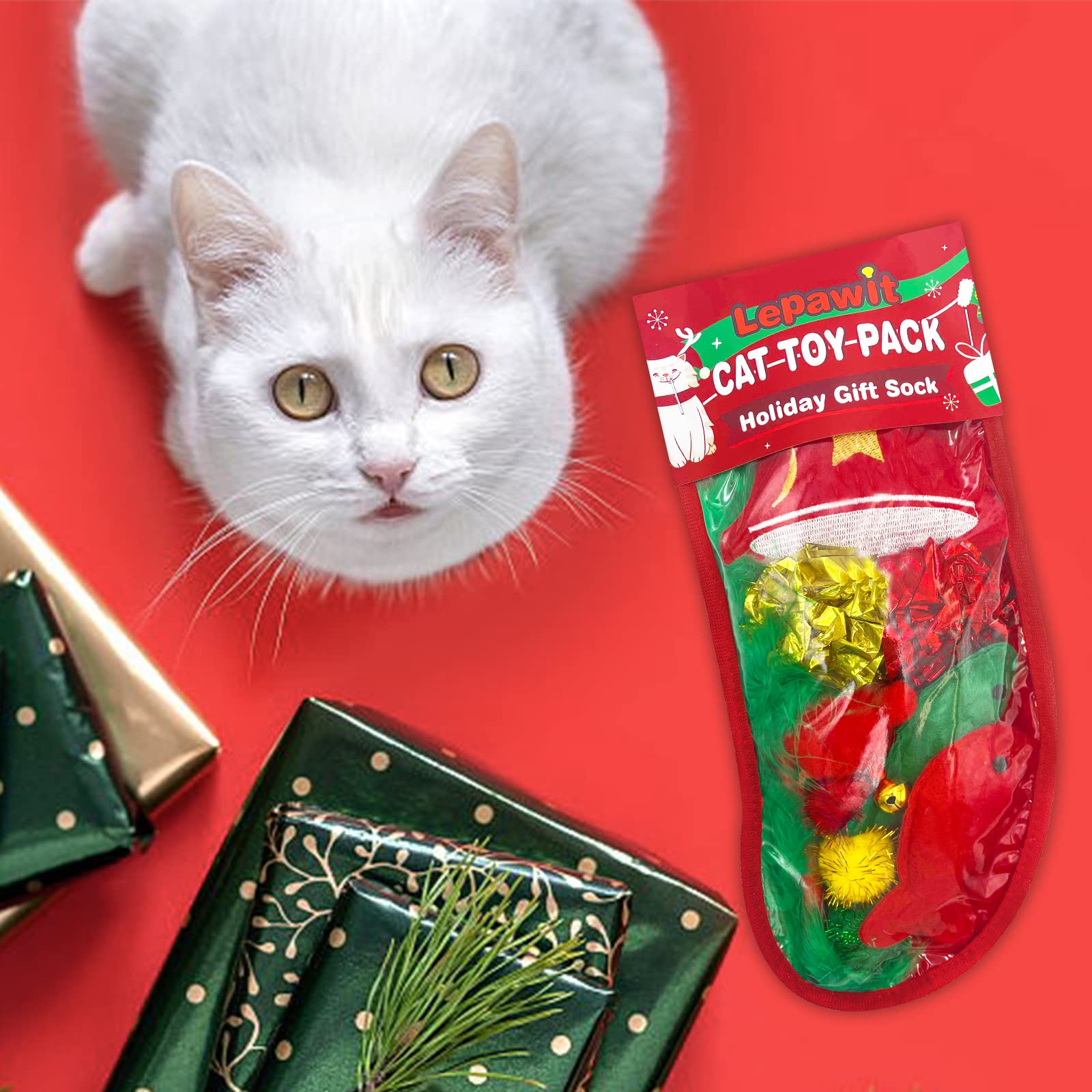 10 Pack Christmas Cat Stockings with Catnip Toys, Teaser, Balls & Feathers - Fun Holiday Gifts for Indoor Cats - Perfect for Playtime, Training & Christmas Decorations