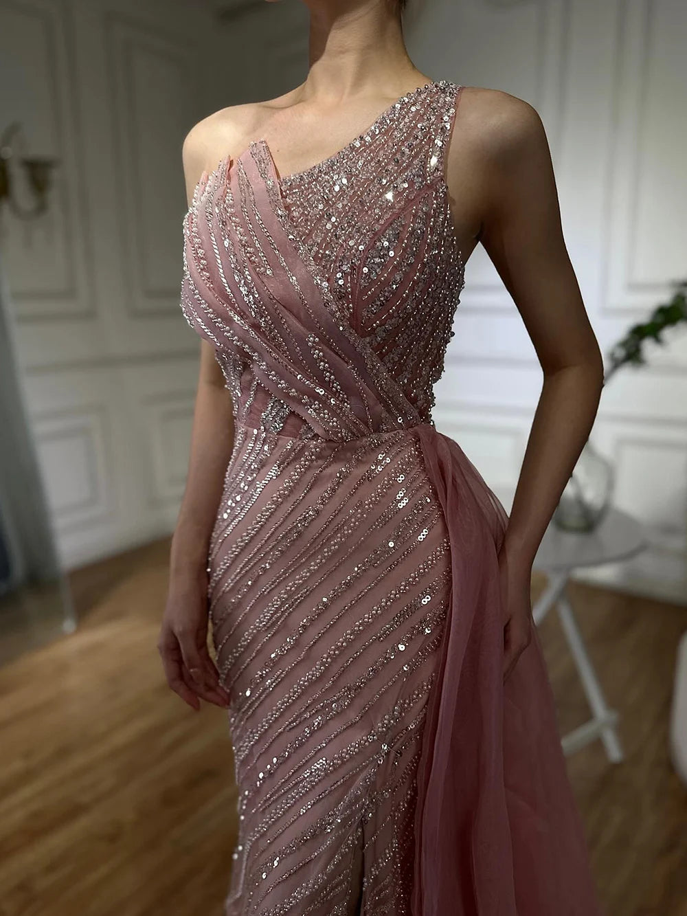 Luxury Dubai Blue One Shoulder Split Saudi Evening Gown with Beaded Side Overskirt Dress - Formal Gown for Weddings, Galas & Special Occasions | LA72732