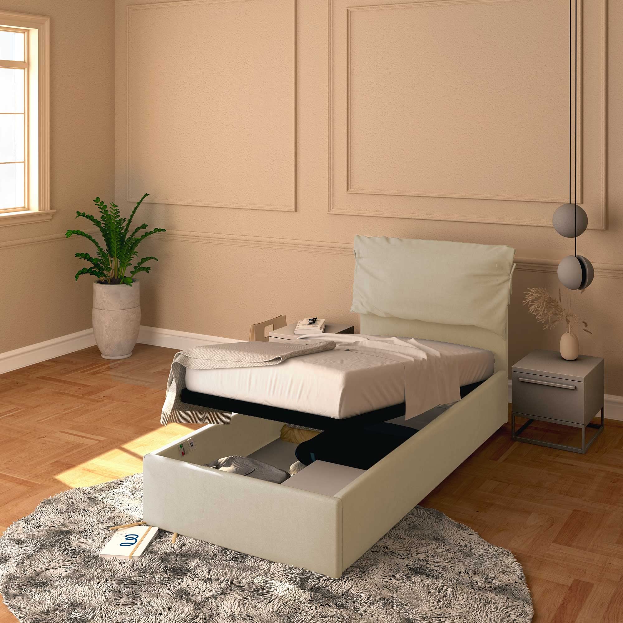 Baldiflex Licia Soft Single Bed with Storage, Synthetic Leather Upholstery, Slatted Base for Single Mattress, 80 x 190 cm, Light Beige - Perfect for Small Bedrooms, Guest Rooms & Studio Apartments