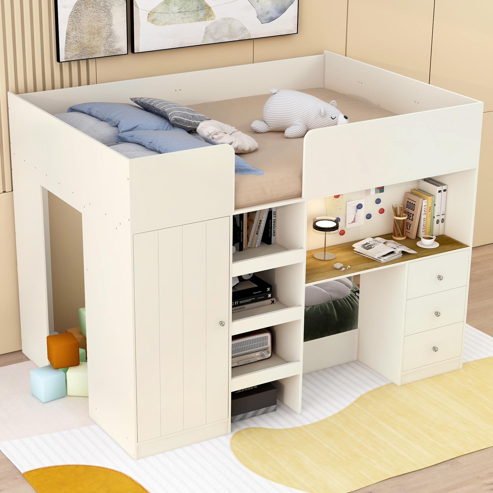 Full Size Loft Bed with Wardrobe & Desk - Sturdy Wooden Frame with Storage Stairs & Built-in 3-Drawer Cabinet - Space-Saving Solution for Kids, Teens & Adults - Perfect for Small Bedrooms, Dorms & Apartments (Beige)