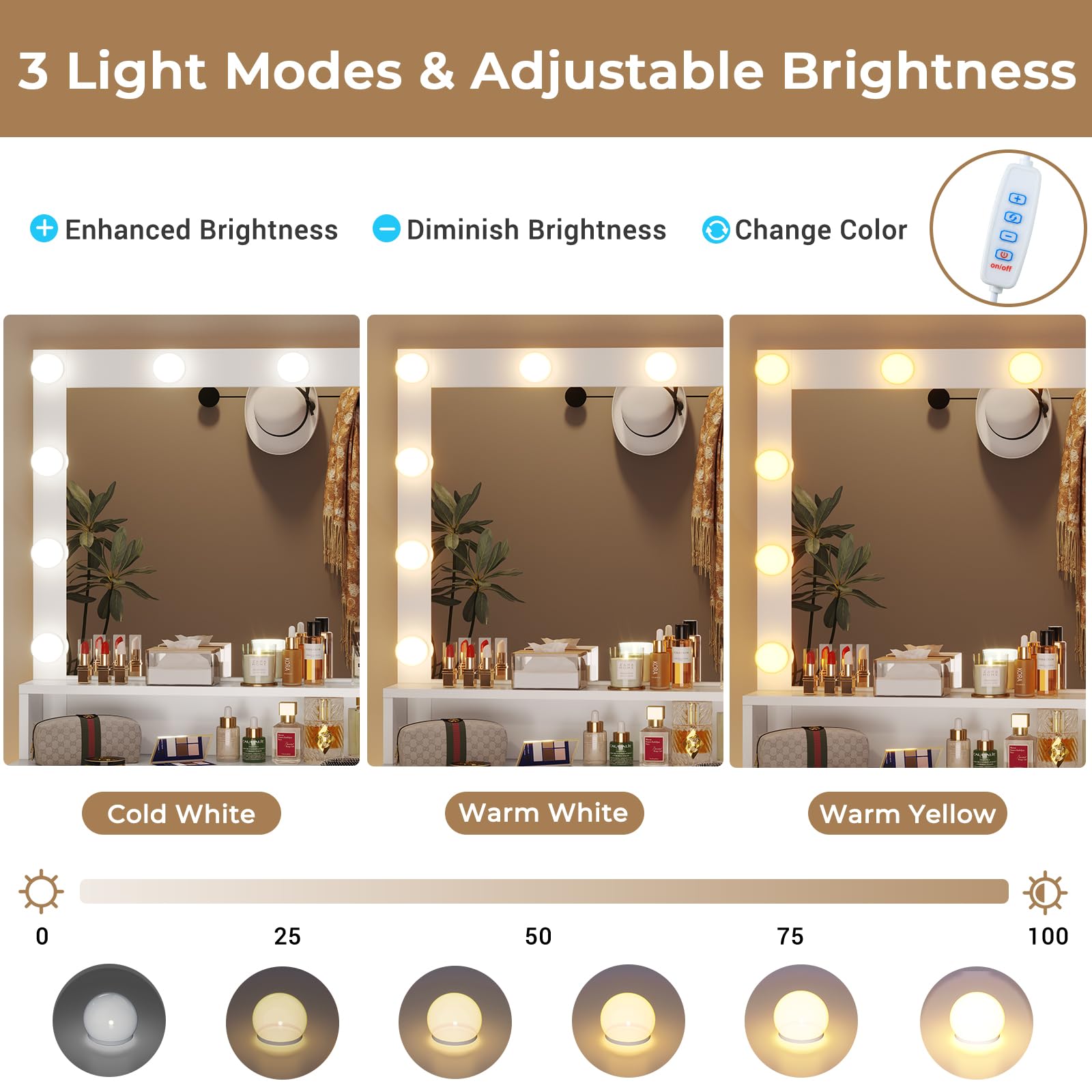 Tiptiper Large Makeup Vanity Desk with LED Lights & Charging Station - White & Gold Dressing Table with Mirror, 5 Drawers & Shelves - Perfect for Bedroom, Dorm Room & Beauty Salon Makeup Organization