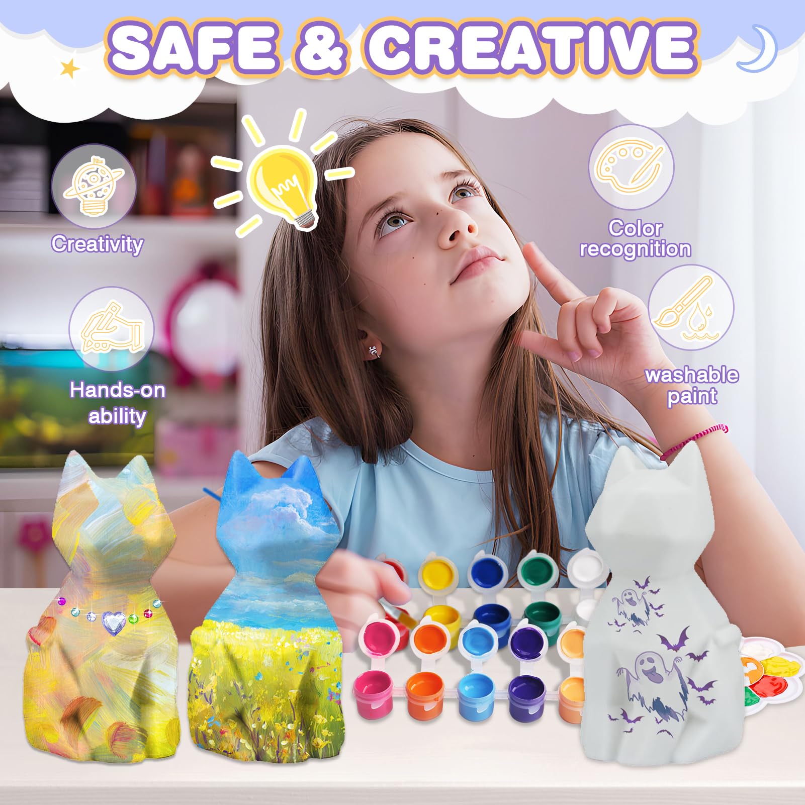 Paint Your Own Cat Lamp Art Kit - DIY Painting Crafts for Kids Ages 4-12, Cool Cat Night Light Craft Set with Supplies, Creative Arts Project for Teen Girls & Boys, Halloween Birthday Gifts for Bedroom Decor, Party Activities & Relaxation Therapy