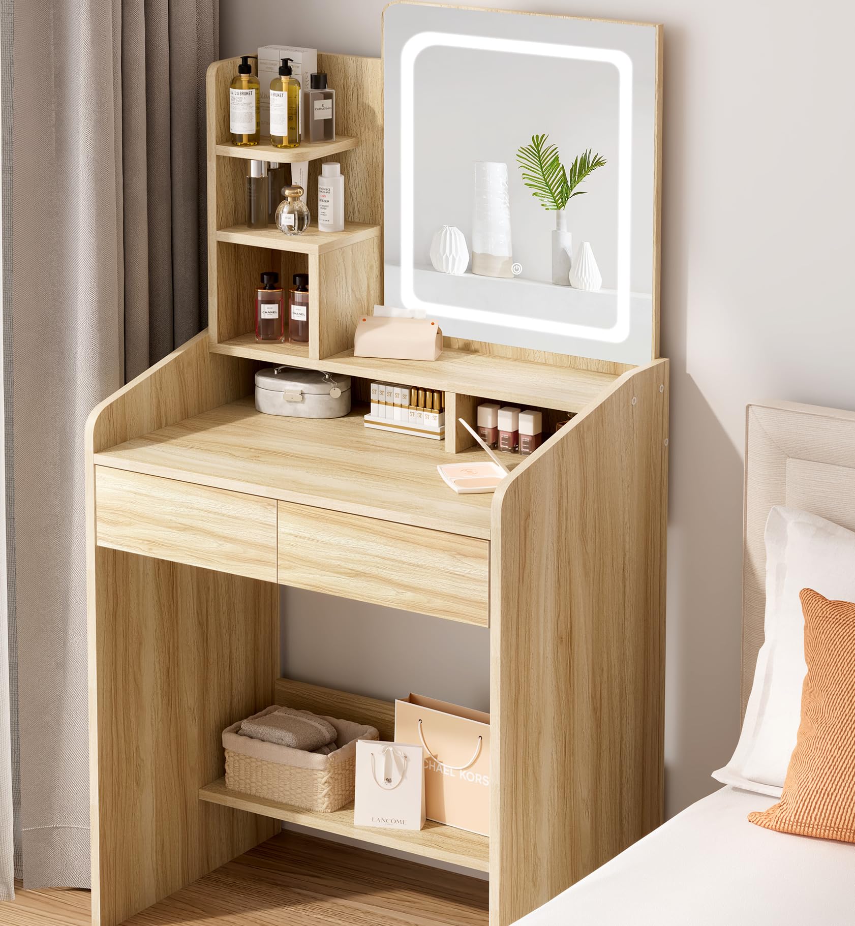 Elegant Small Vanity Desk Set with Square Mirror & LED Lights - Wooden Dressing Table with Storage Drawers - Perfect for Bedroom Makeup & Jewelry Organization