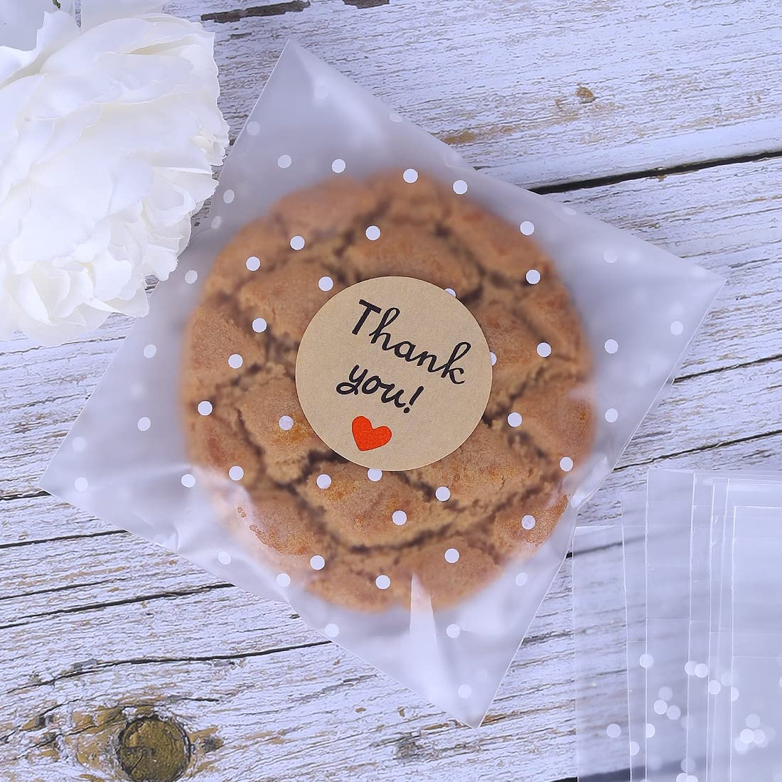 100PCS White Polka Dot Treat Bags - Self Adhesive Candy Cookie Bags for Gift Giving with Stickers (3.94 x 3.94 Inches) - Perfect for Birthday Parties, Baby Showers & Holiday Treats