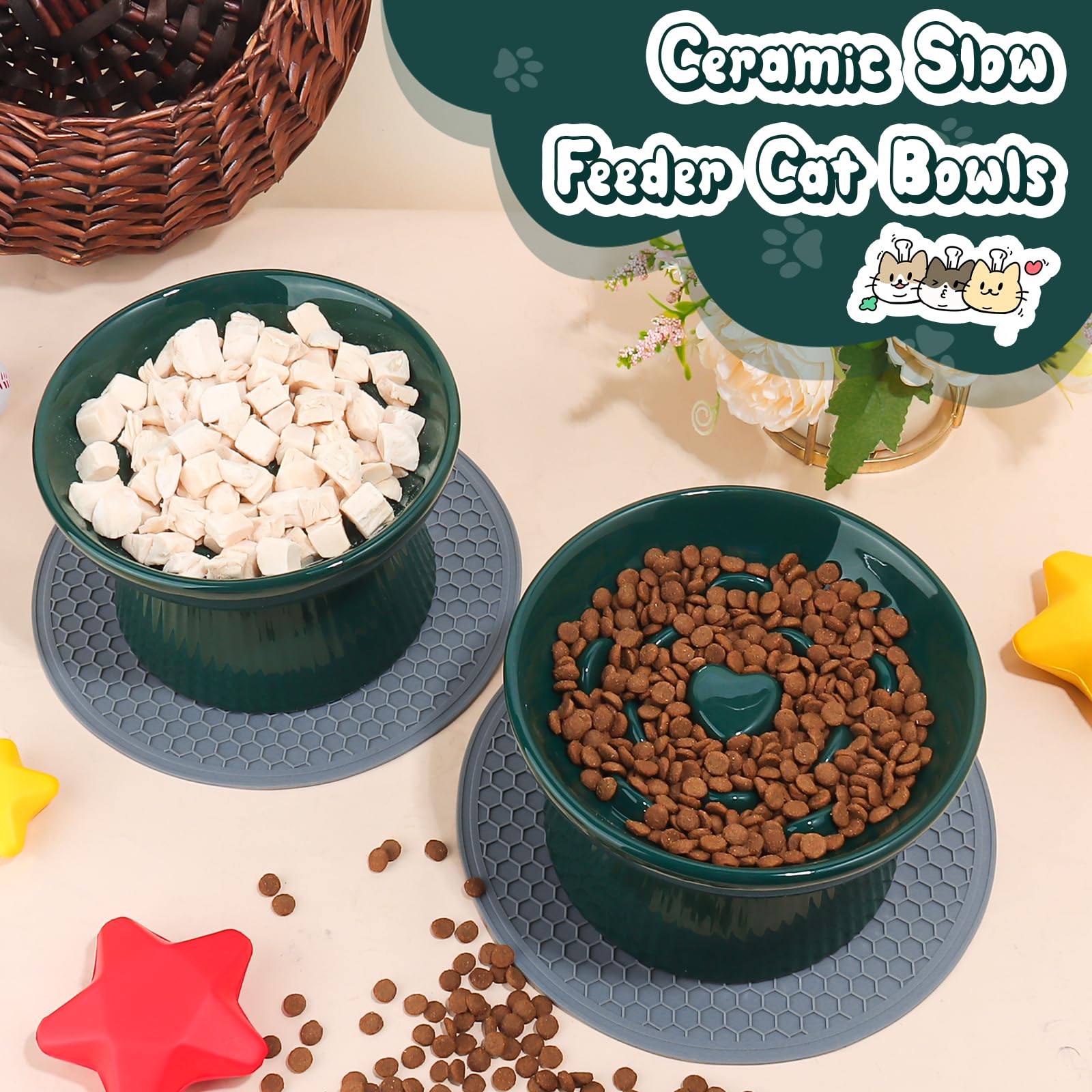 2 Pack Ceramic Raised Slow Feeder Cat Bowls - Elevated Pet Food Bowls for Indoor Cats & Small Dogs - Anti Vomiting Slow Feed Bowls for Dry & Wet Food - Durable Porcelain Design - Perfect for Mealtime Portion Control & Digestive Health