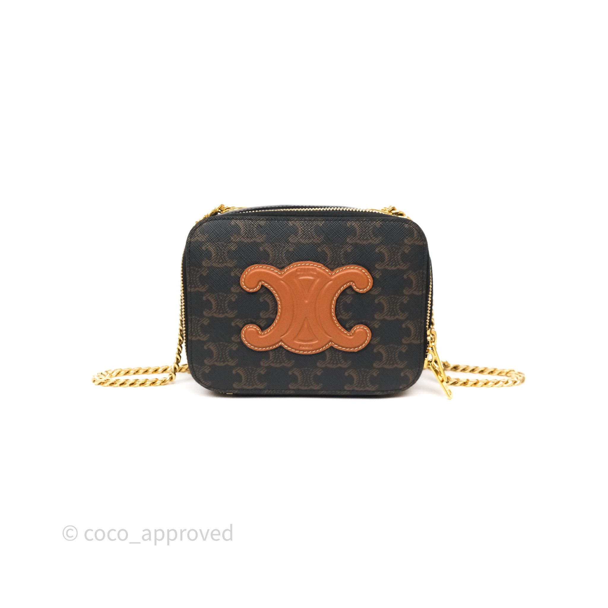 Celine Triomphe Box Bag in Tan Calfskin Leather with Chain Strap - Perfect for Everyday Use, Work & Evening Events