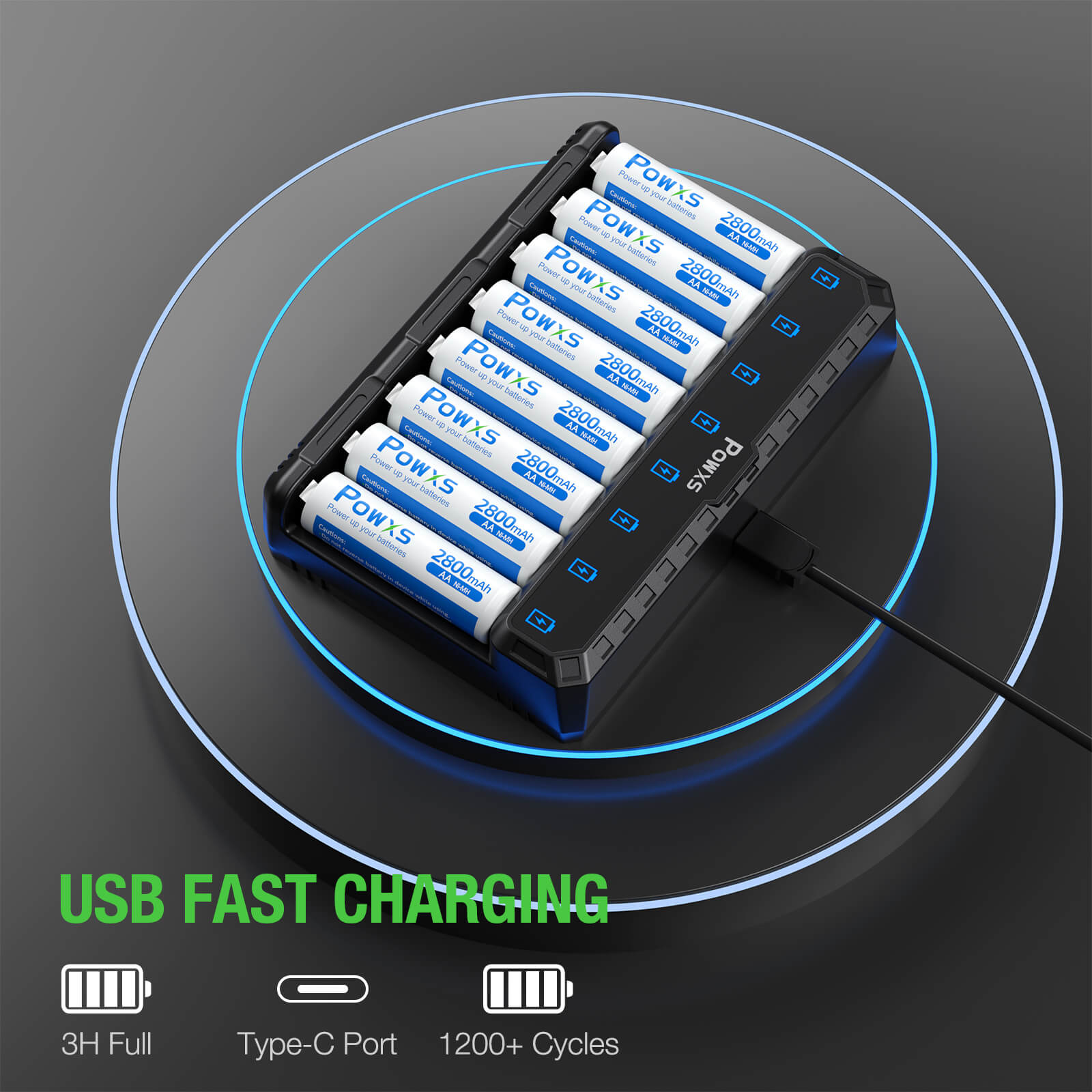 POWXS Rechargeable AA Batteries 2800mAh - 8-Slot LCD Smart Charger Included - High Capacity NiMH Batteries for Cameras, Flashlights, Toys & More - Perfect for Home, Office & Travel Use