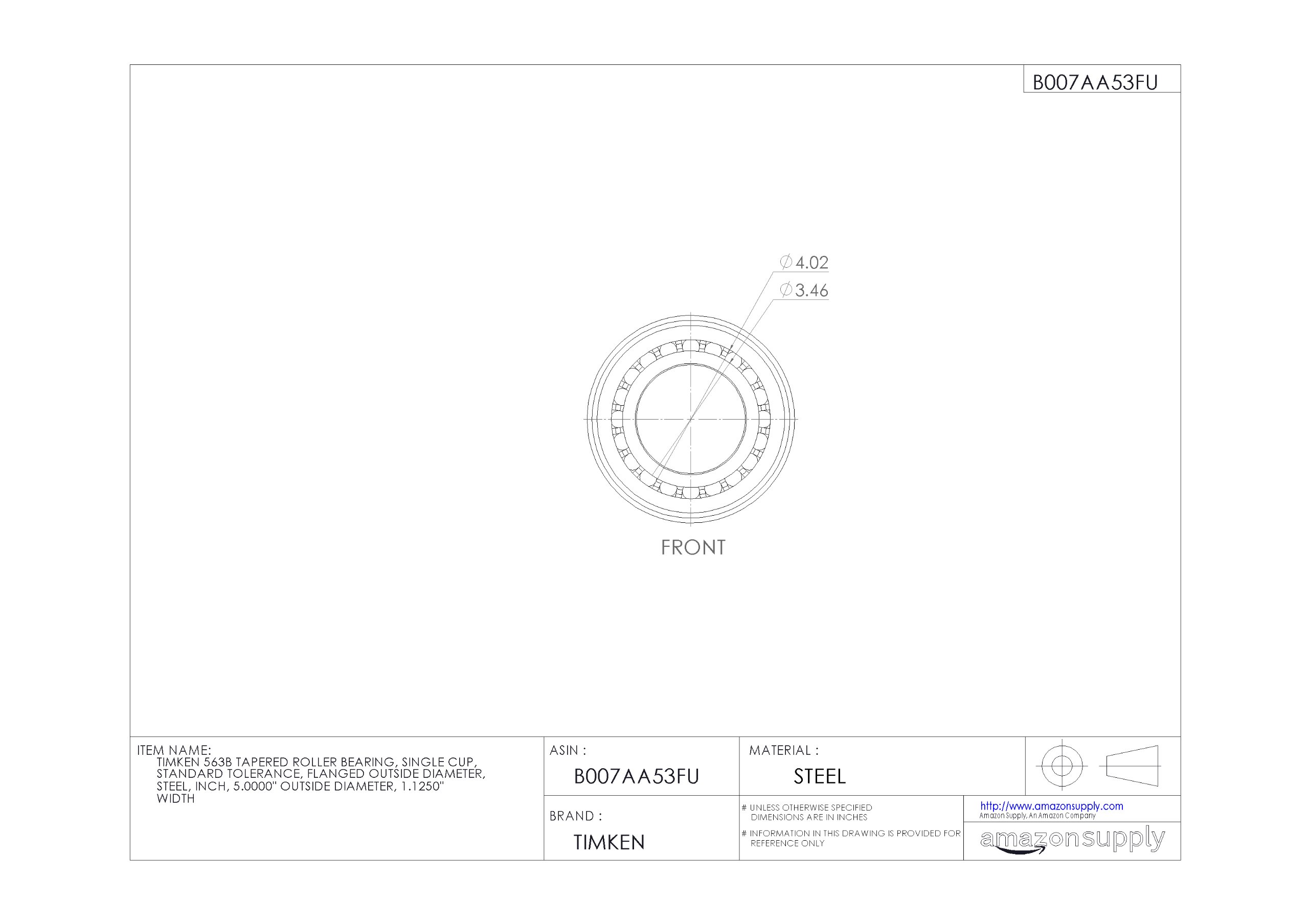 Timken 563B Tapered Roller Bearing - Single Cup, Standard Tolerance, Flanged OD, Steel Construction, 5