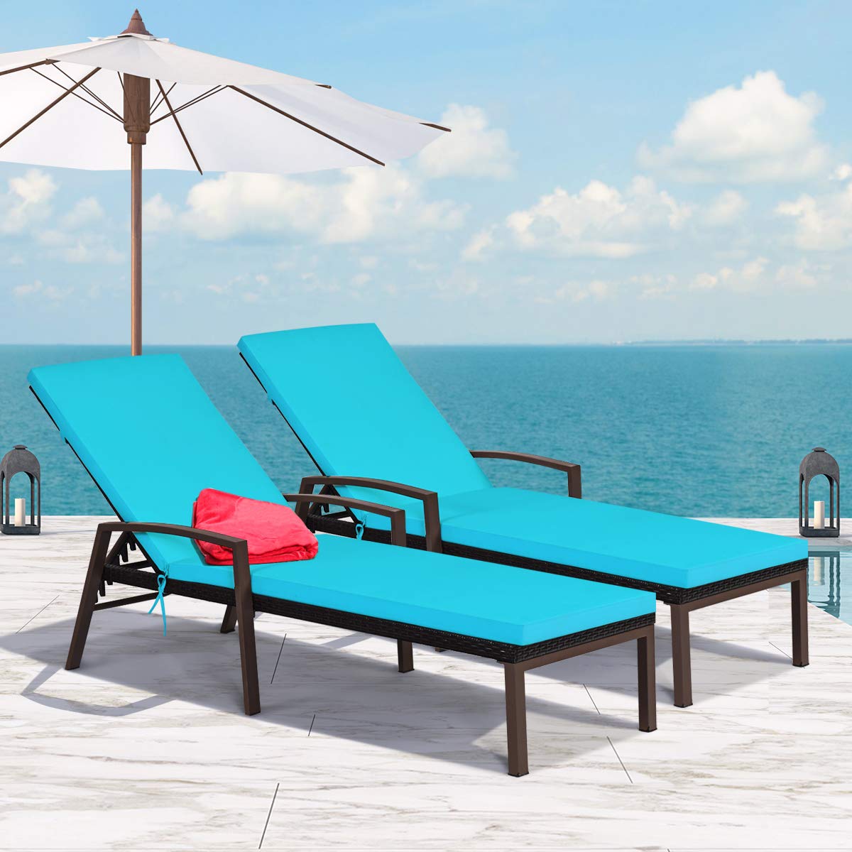 2PCS Patio Chaise Lounge Chairs - Outdoor Rattan Sun Lounger with Soft Cushions, Adjustable Backrest & Comfortable Armrest - Wicker Reclining Chaise for Poolside, Lawn, Garden, Balcony (Turquoise) - Perfect for Relaxing by the Pool, Sunbathing in Backyard or Lounging on Your Patio