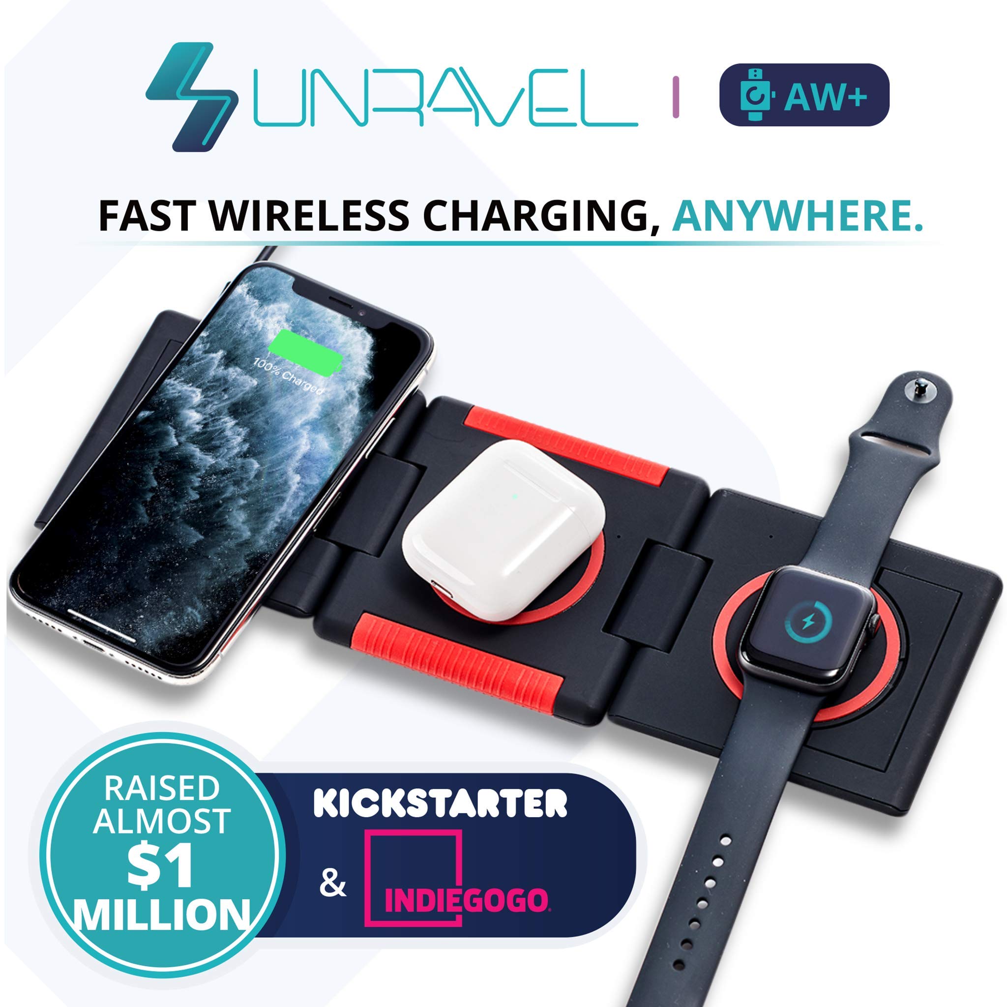 3-in-1 Foldable Wireless Charger for iPhone 15/14/13/12/11, Apple Watch Ultra/SE/Series 1-9 & AirPods Pro/Gen3 - 10W Fast Charging Station with Adapter & Cable - Glow LED Indicator - Perfect for Travel, Office & Nightstand Charging