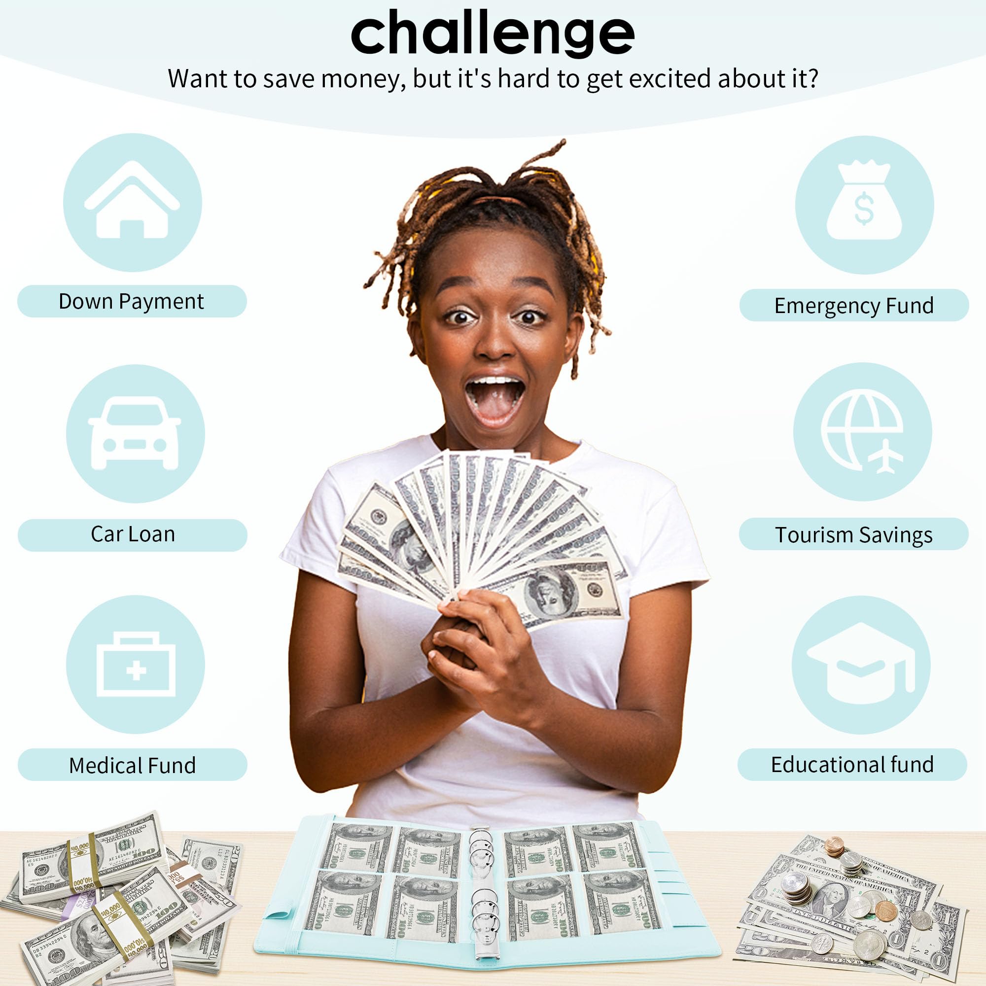 100 Envelopes Money Saving Challenge Binder - Budget Organizer with Cash Envelopes for $5,050 Savings Goal - Light Blue - Perfect for Personal Finance Management & Cash Budgeting System