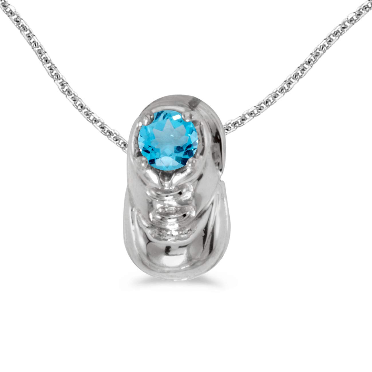 10K White Gold Round Blue Topaz Baby Bootie Pendant Necklace with 18