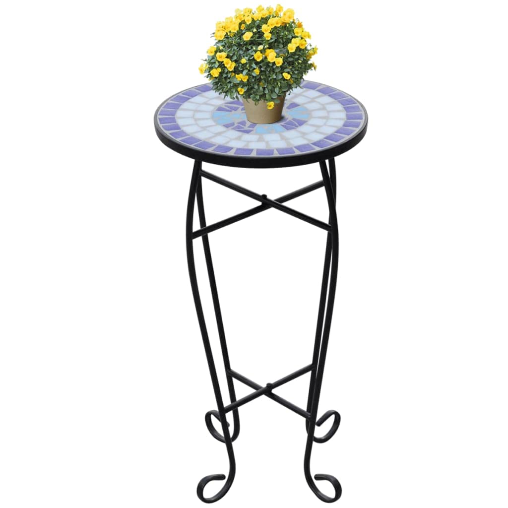 CHARMMA Mosaic Side Table - Blue & White Accent Table for Plants, Living Room, Bedroom or Patio Decor
