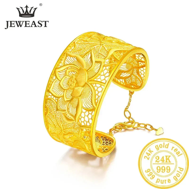 24K Pure Gold Bracelet - 999 Solid Real Gold Bangle with Elegant Flower Design, Romantic & Classic Jewelry for Women | Perfect for Gifts, Weddings, Anniversaries & Special Occasions